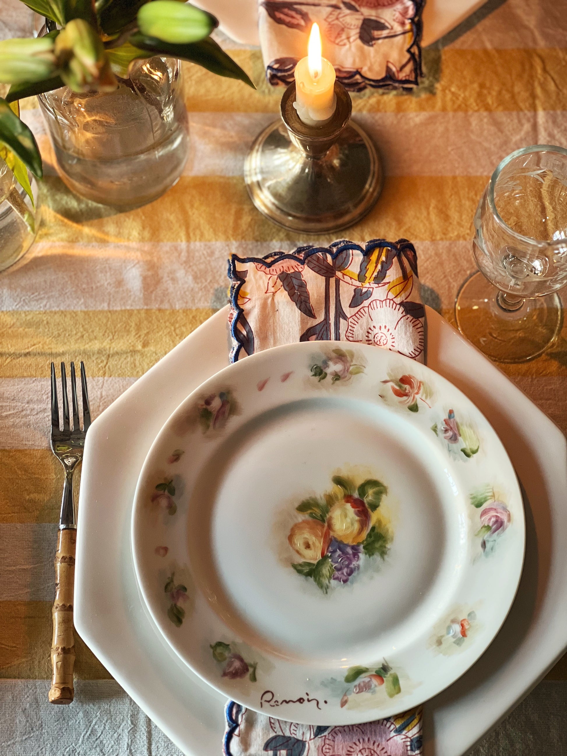 Set of 4 Blue & Pink Block Print Napkins Hand Made in Spain