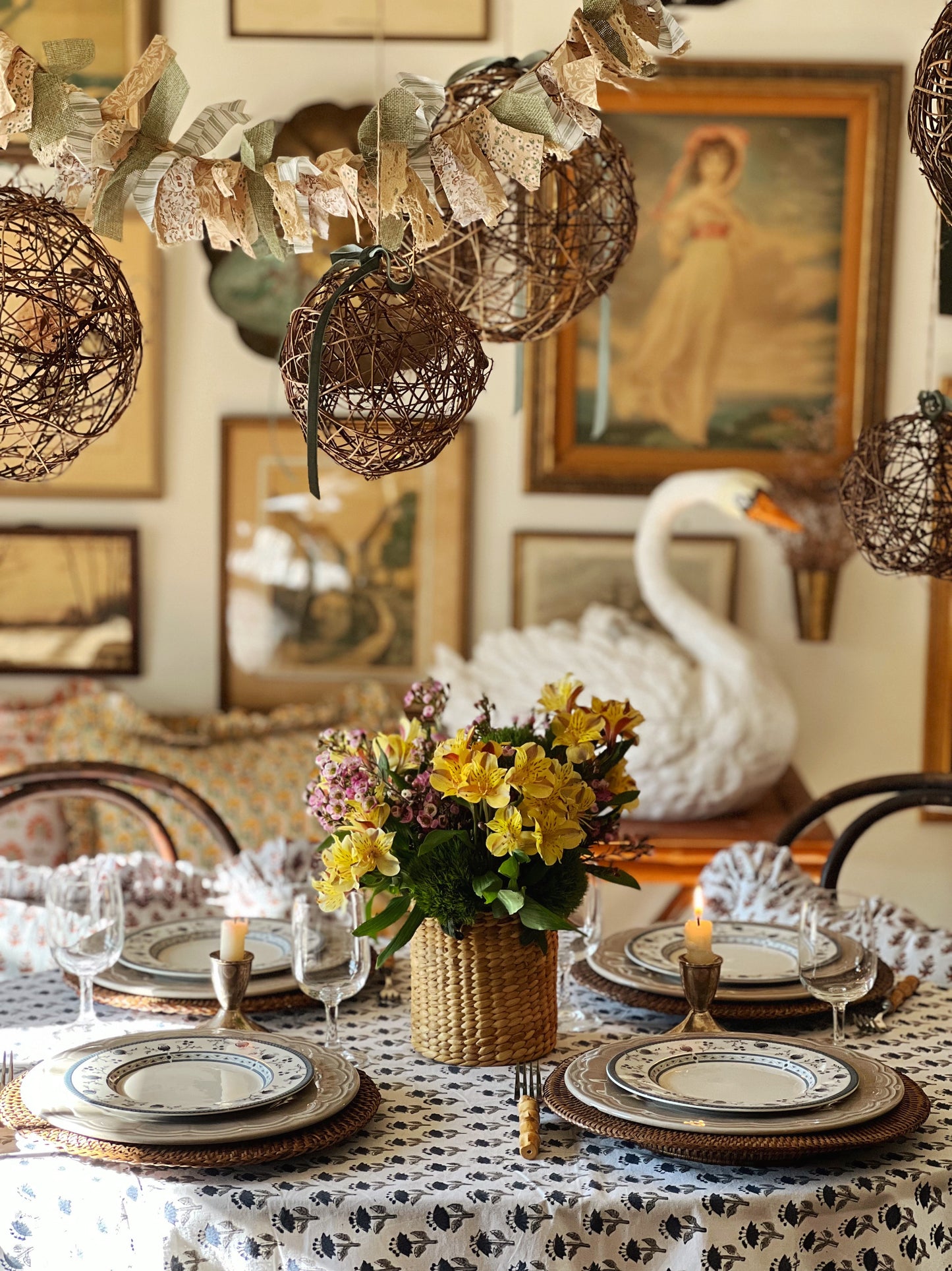 table set for spring with navy blue and white