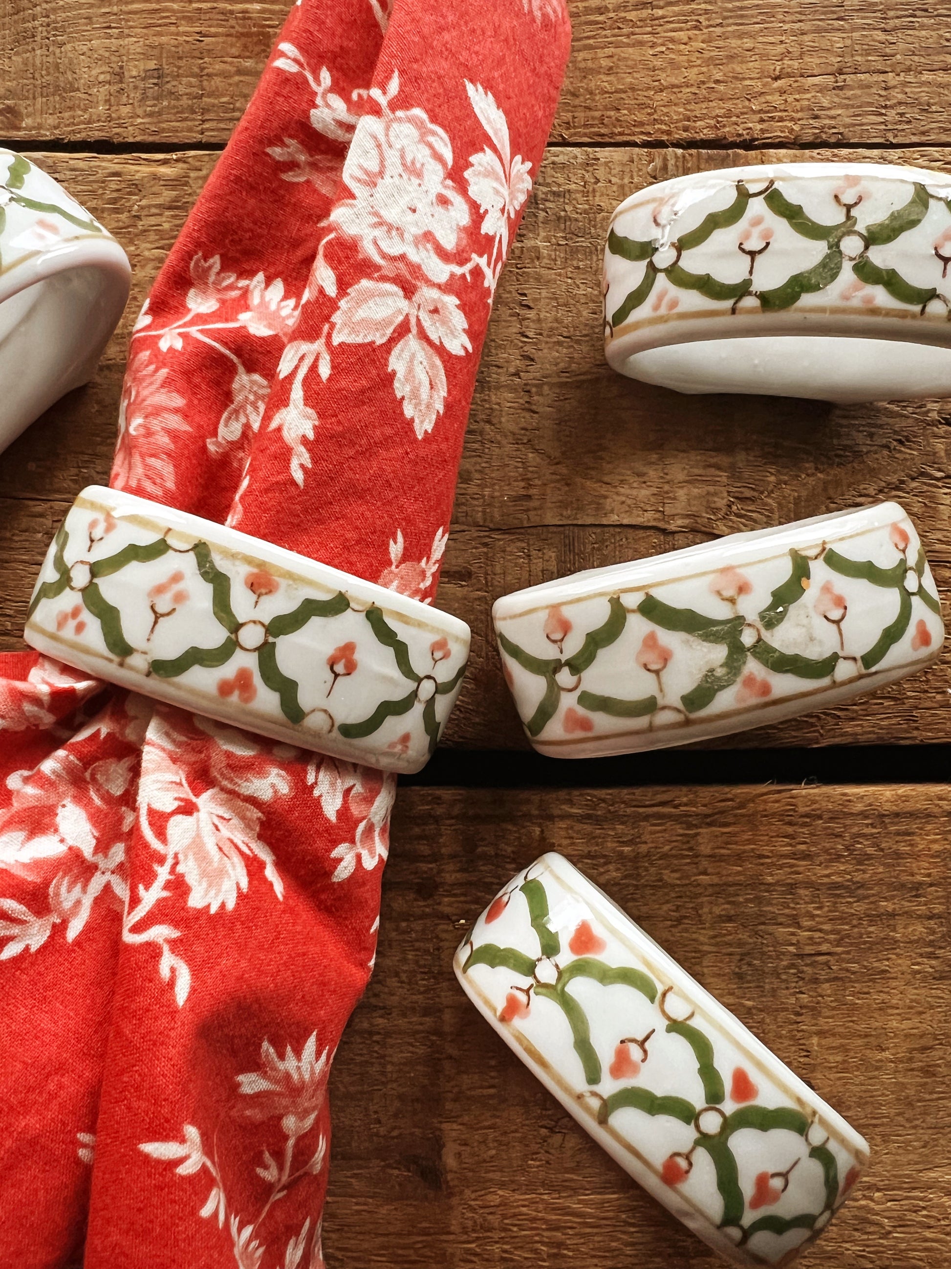 Vintage Set of 6 Pink and Green Floral Porcelain Napkin Rings