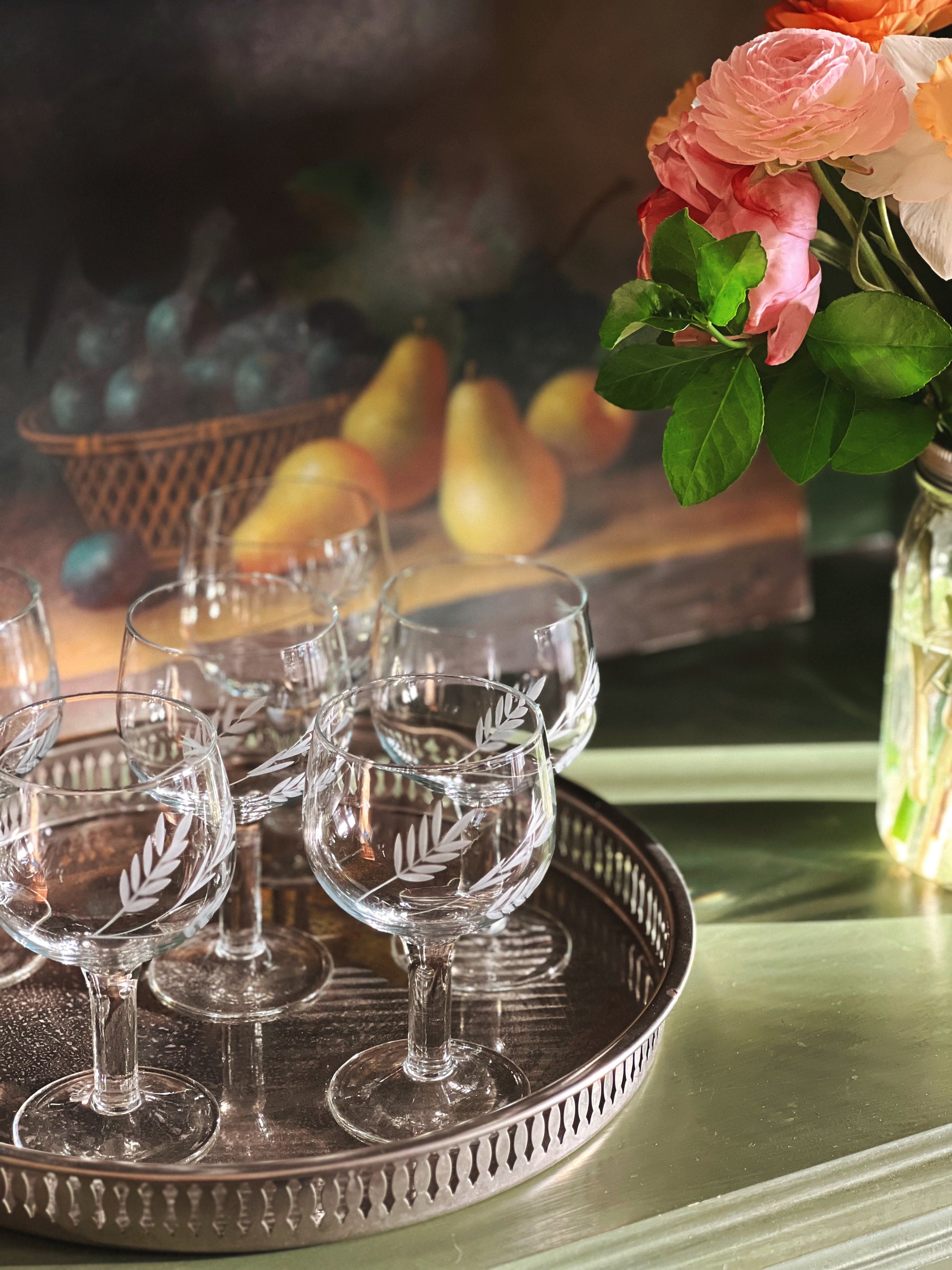 petite crystal wine glasses on a tray