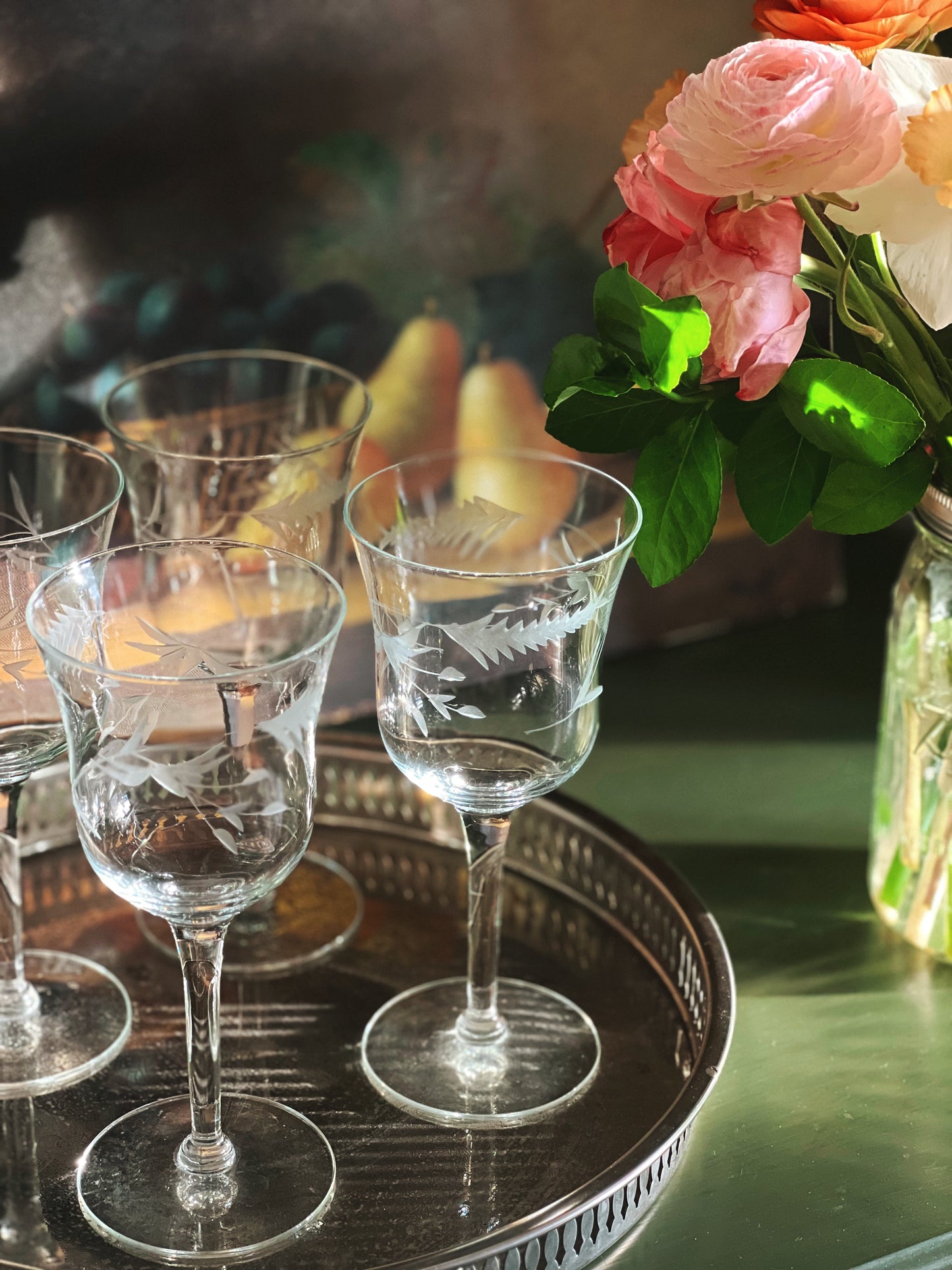 Set of 4 Etched Vintage Crystal Wine Glasses