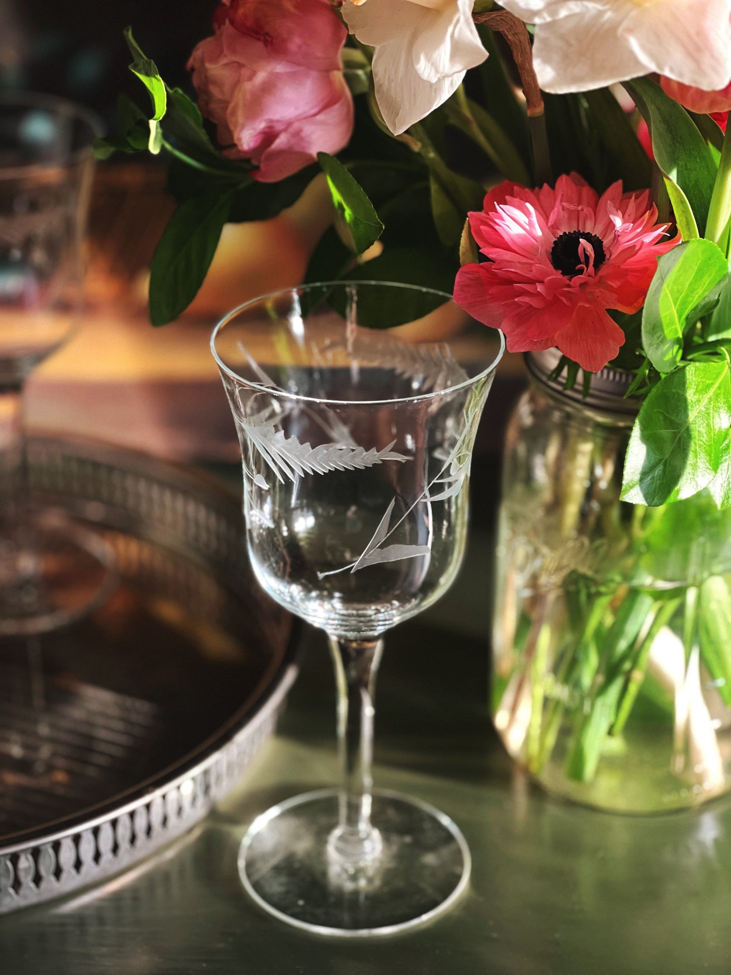 Set of 4 Etched Vintage Crystal Wine Glasses