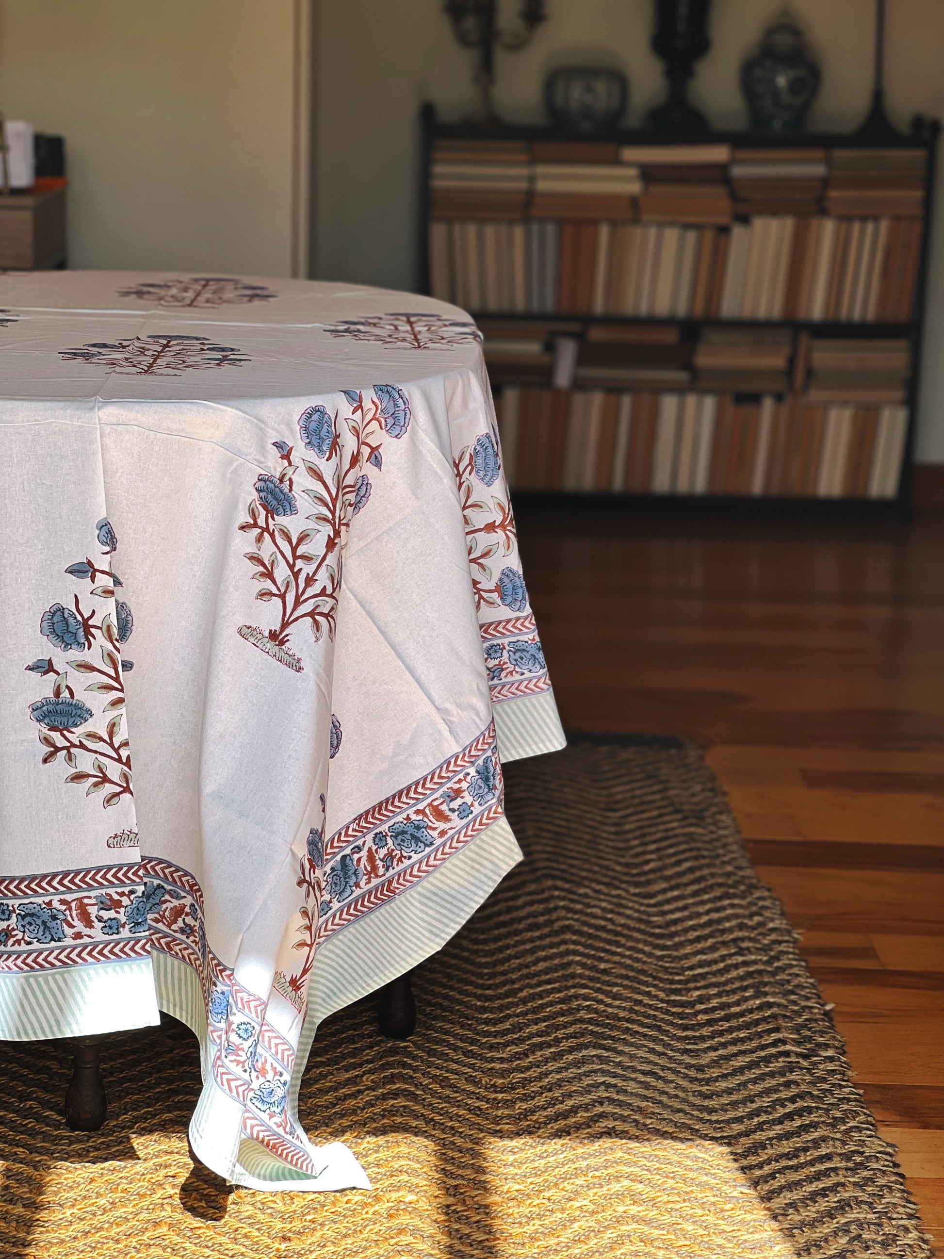 blue and white block print tablecloth