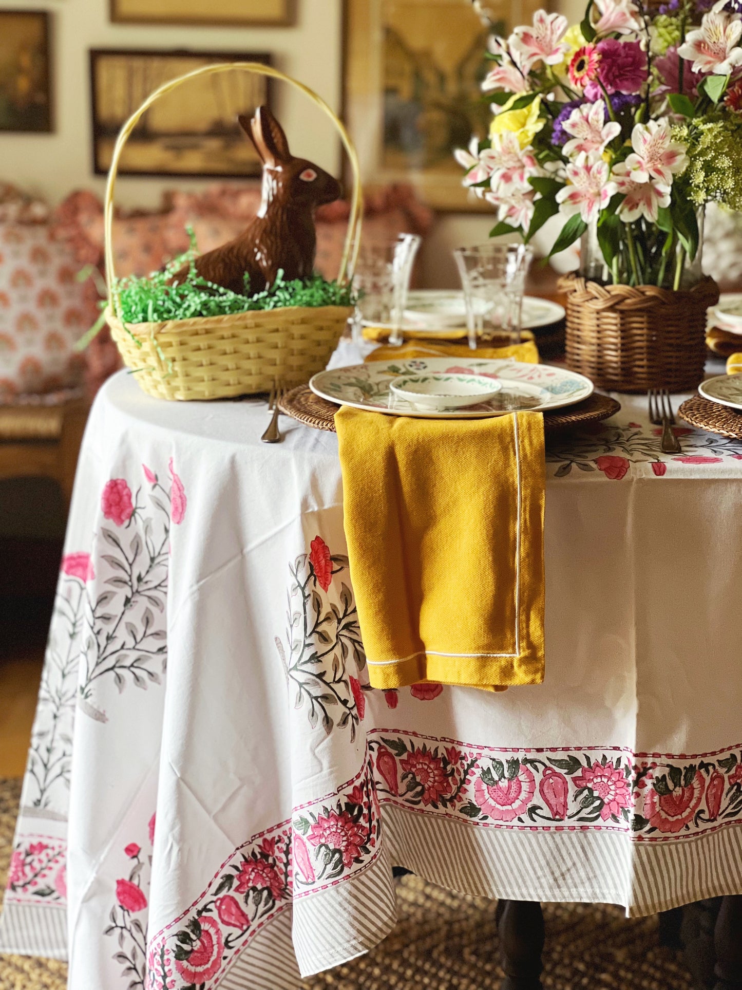 Block Print Tablecloth in White & Pink Hand Made in Spain