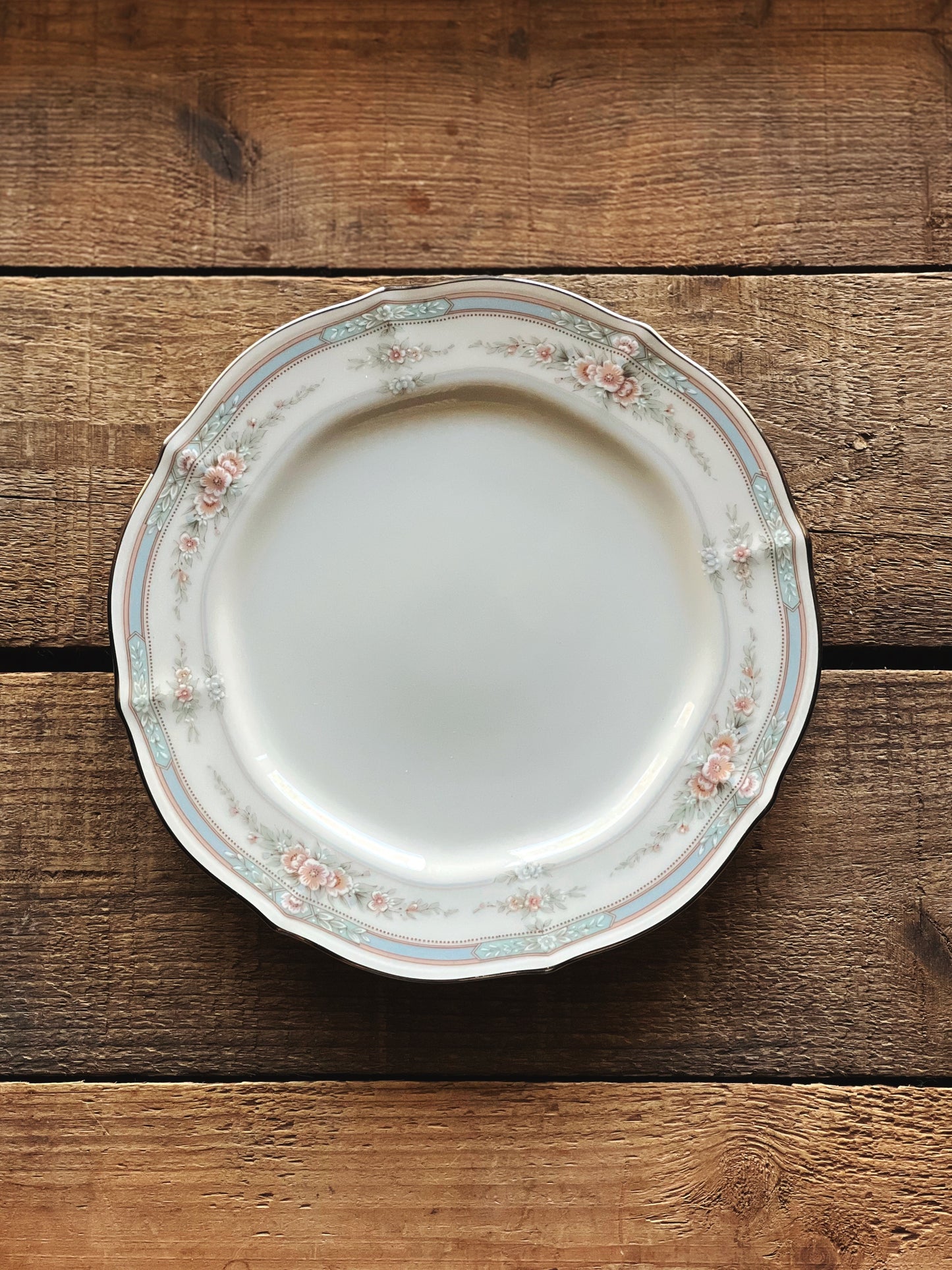 pink and blue floral dessert plate