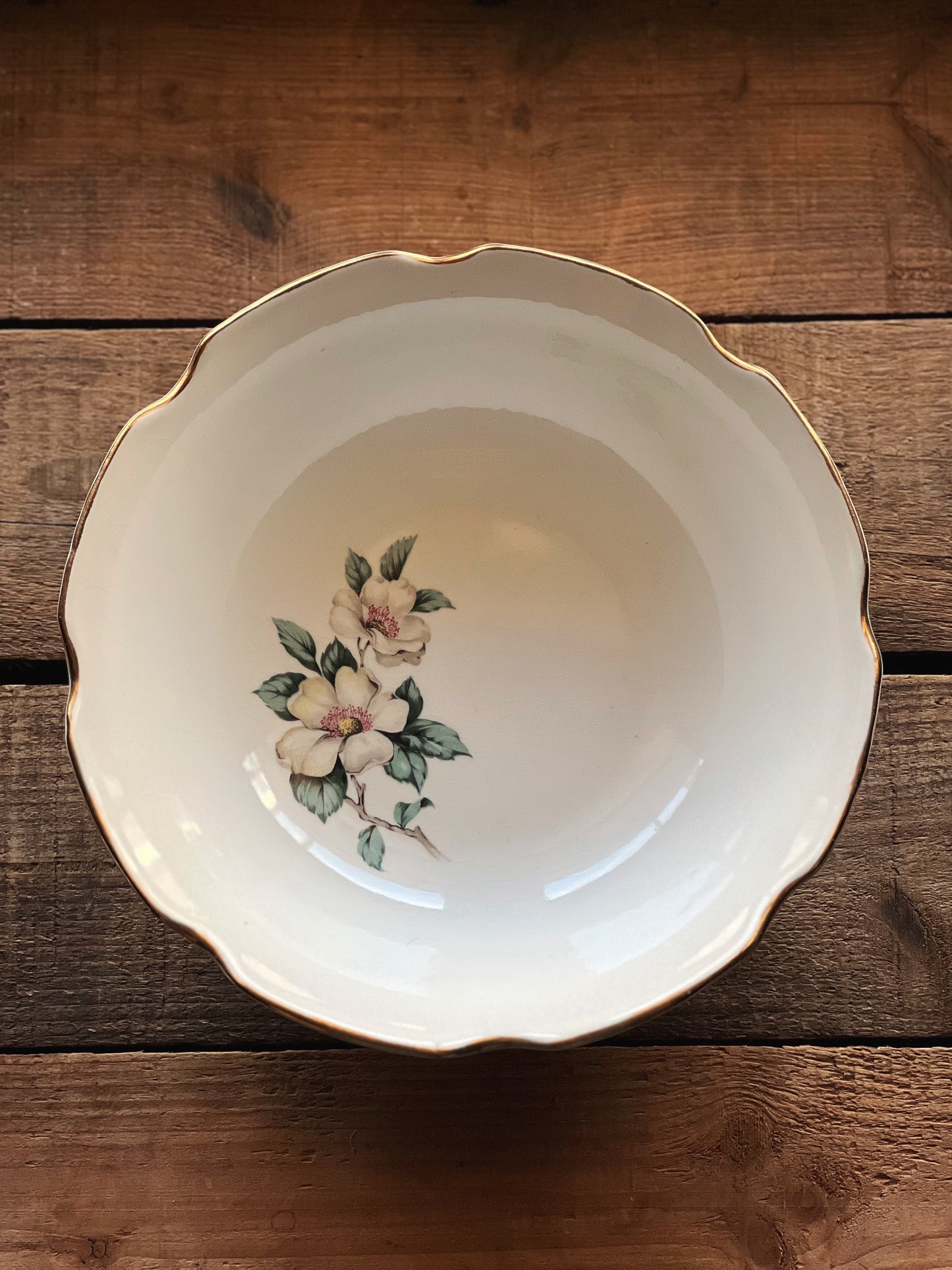 Vintage Dogwood Pattern Scalloped Edge Round Serving Bowl