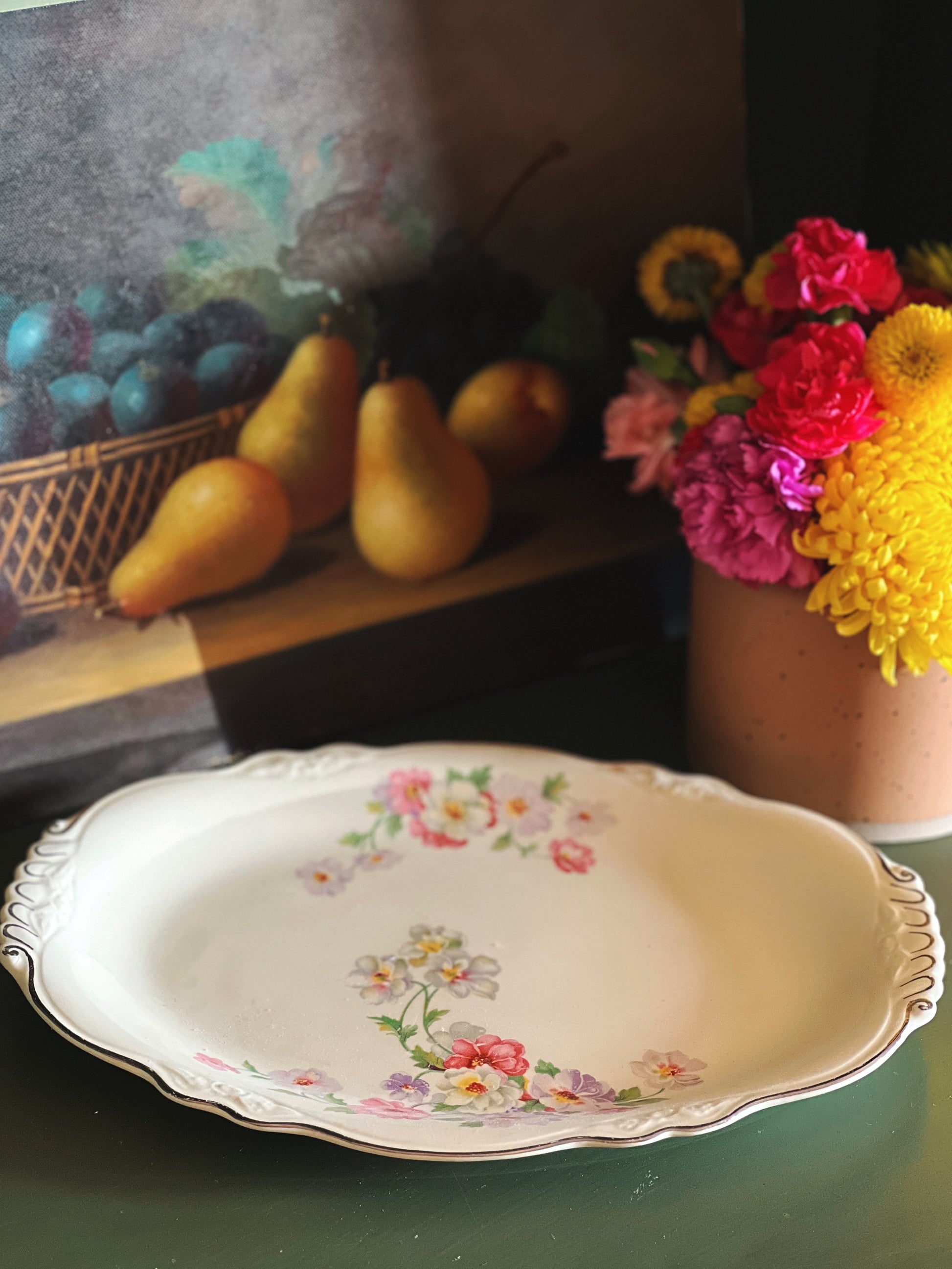 pink, white and green oval serving platter