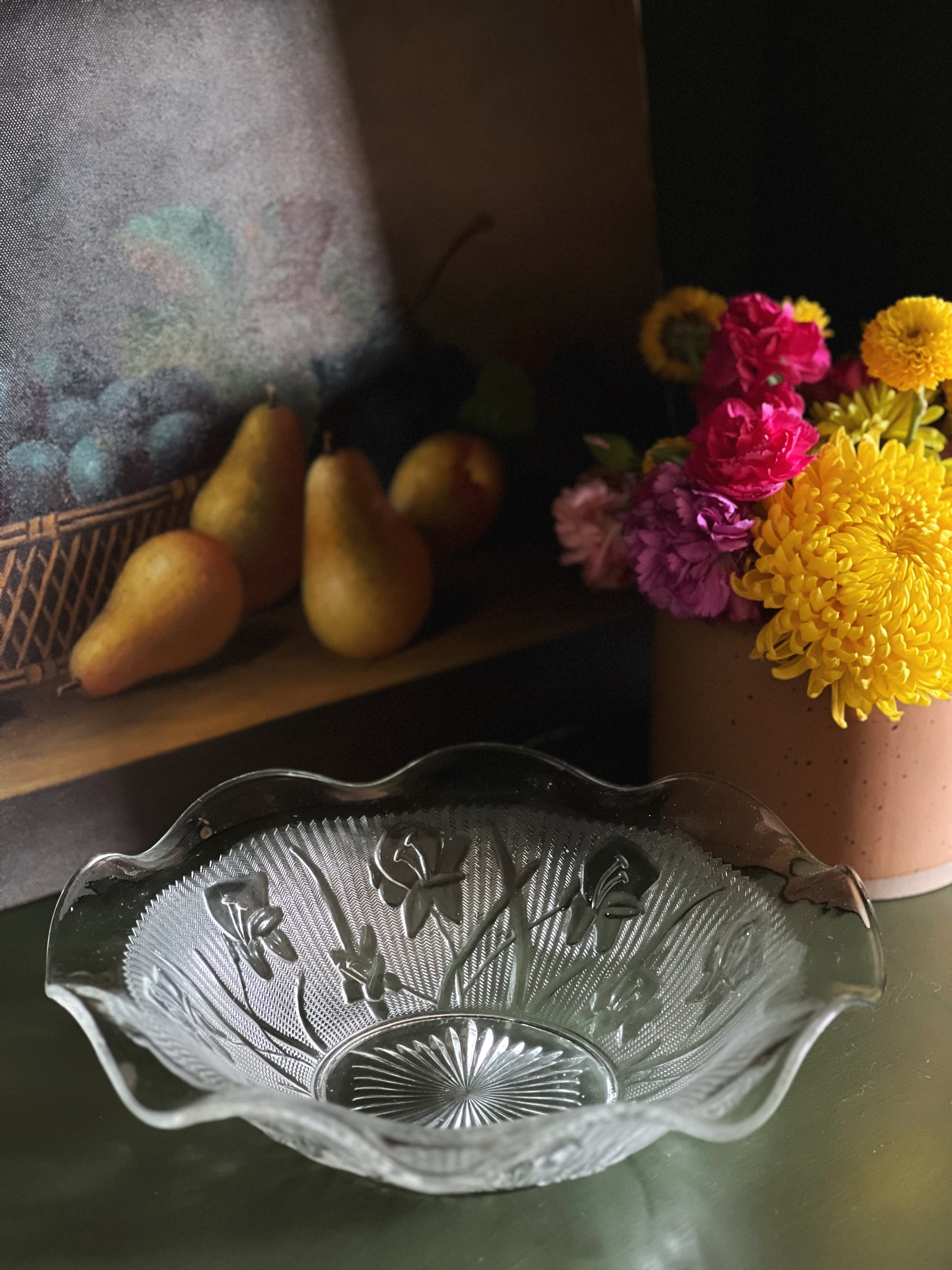 glass serving bowl with a frosted floral design