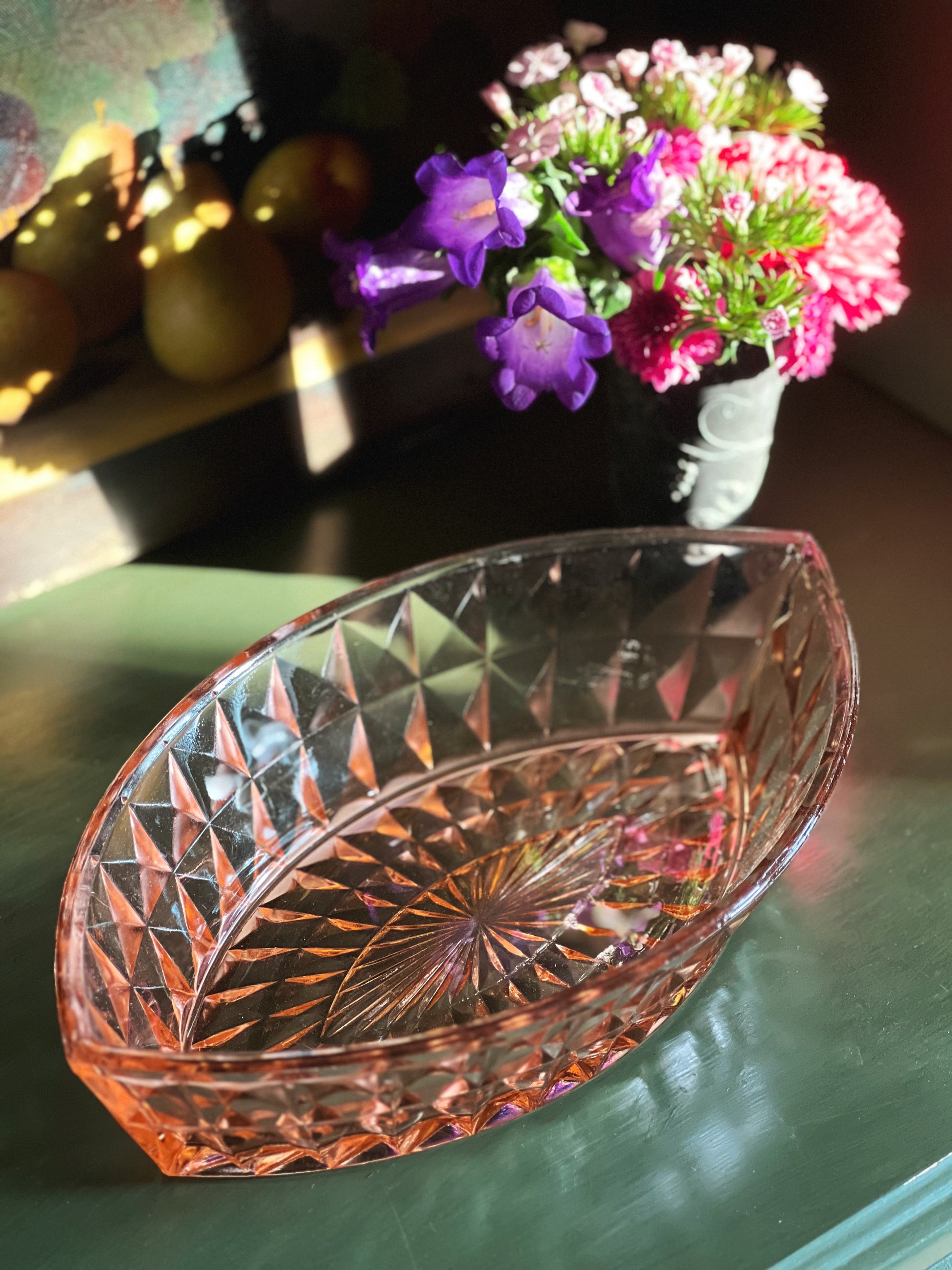 oval pink glass serving bowl