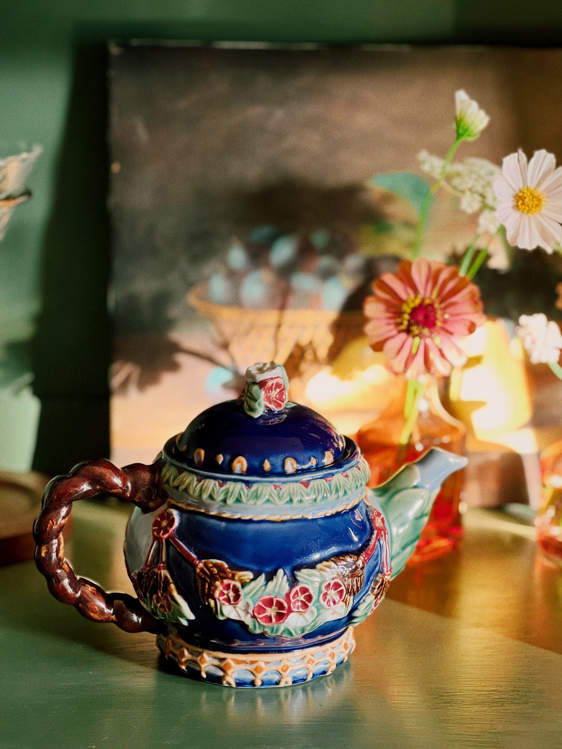 Vintage Navy Blue Majolica Teapot