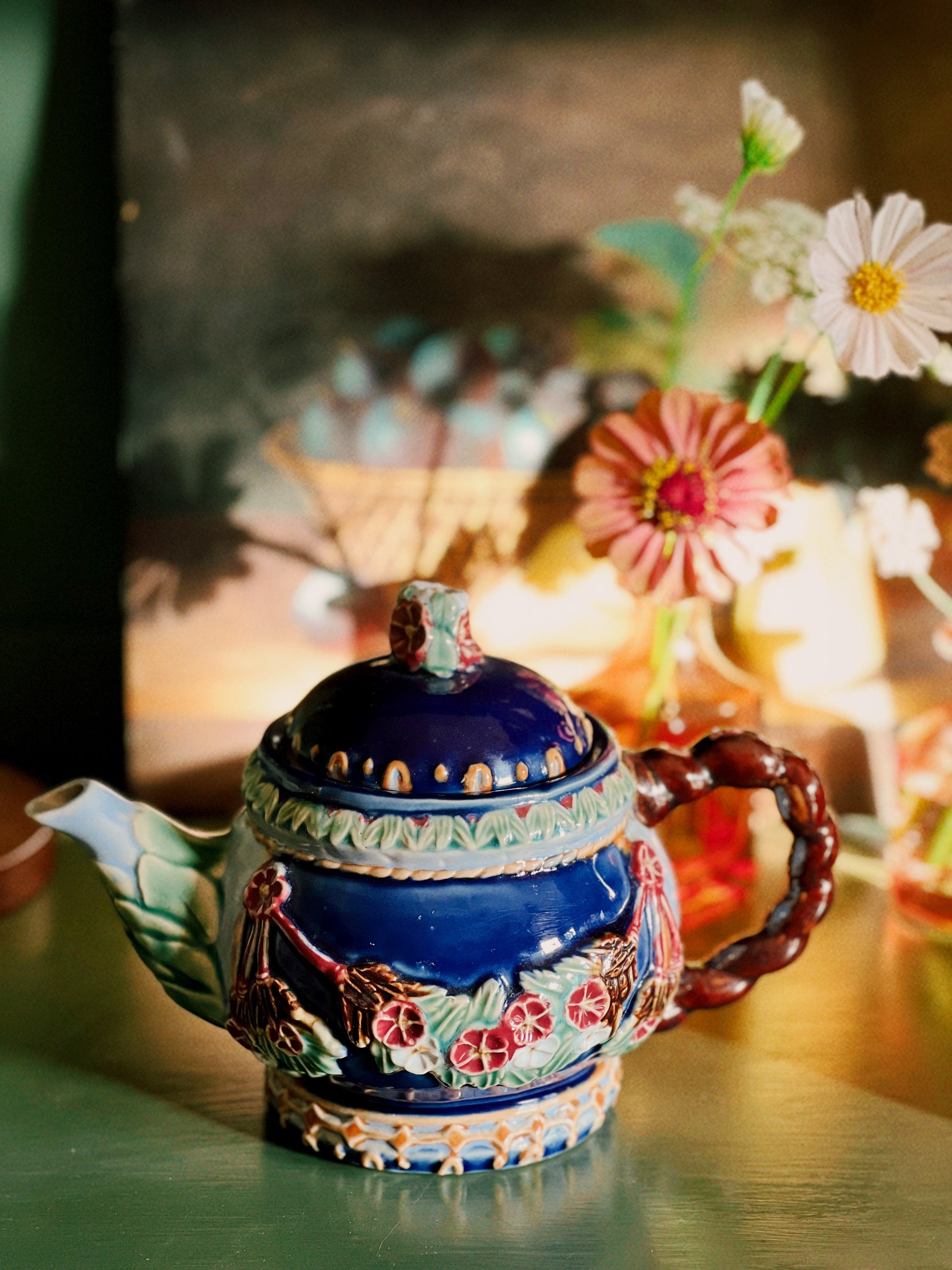 Vintage Navy Blue Majolica Teapot