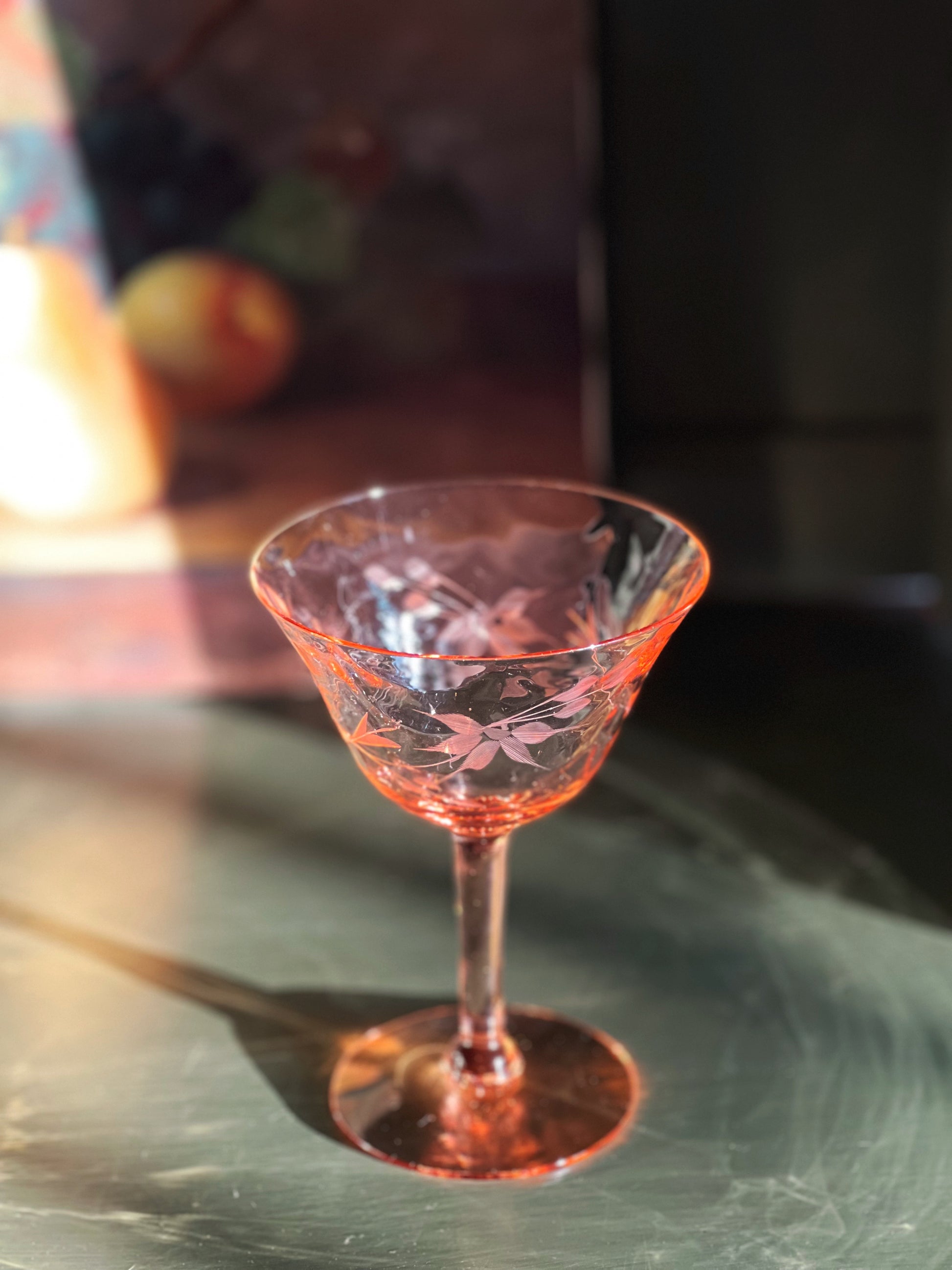 Pair of Vintage Etched Glass Pink Champagne Coupes