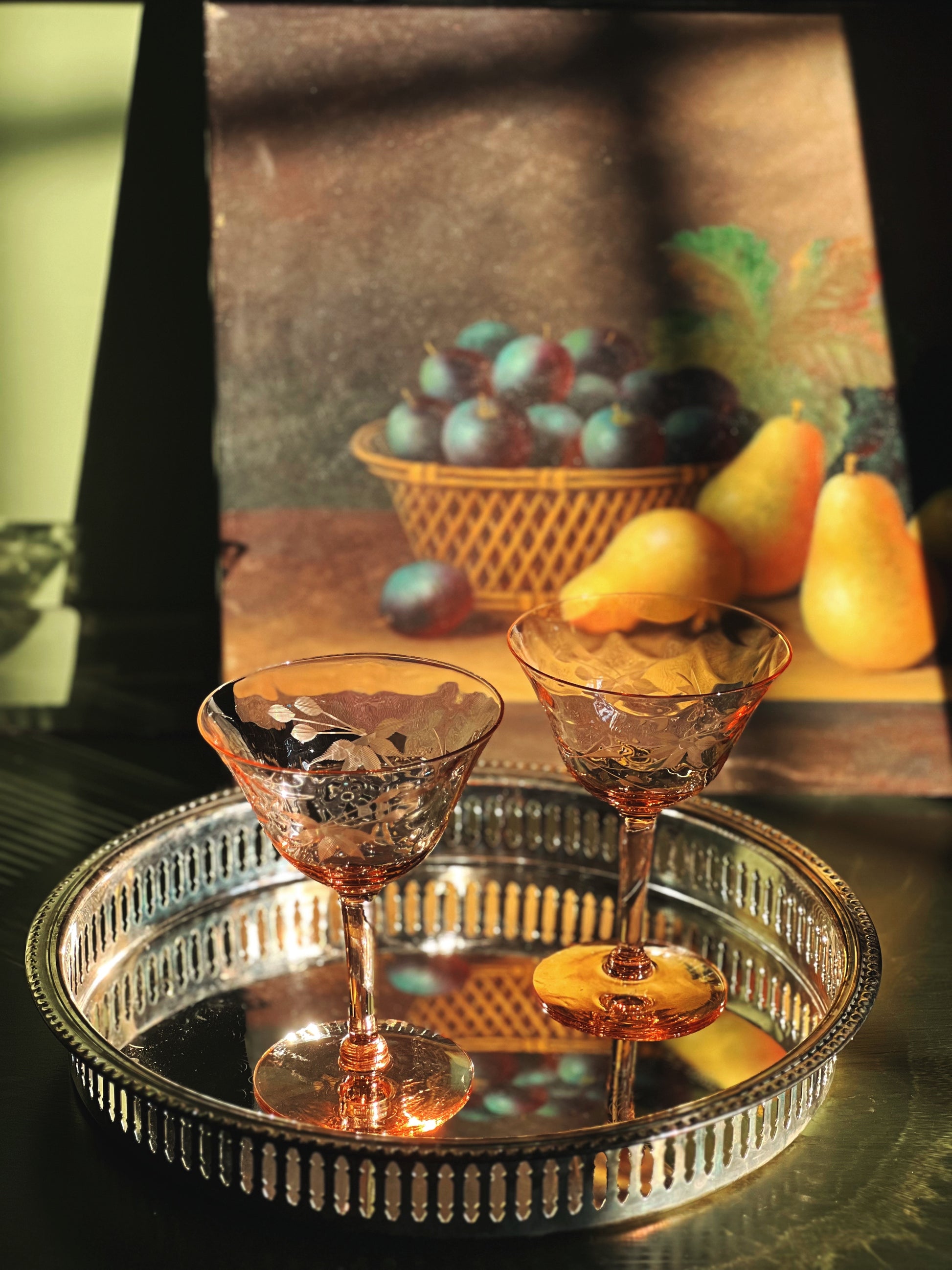 Pair of Vintage Etched Glass Pink Champagne Coupes