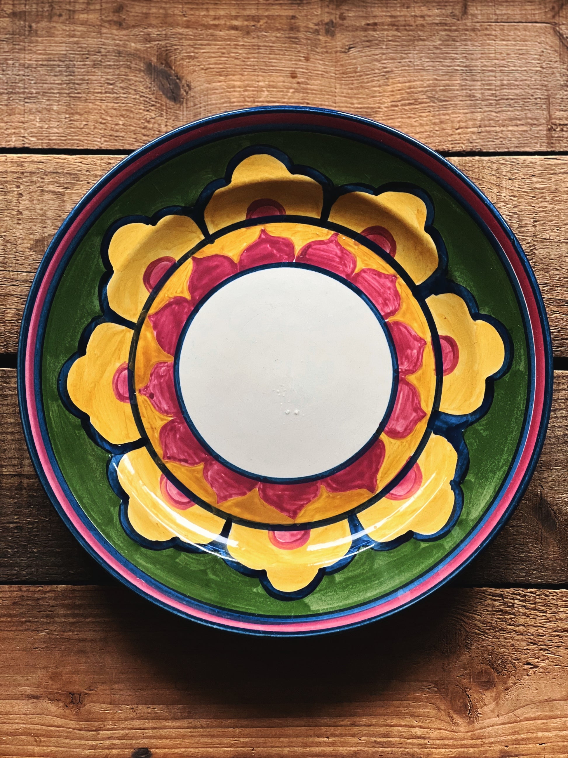 Colorful ceramic plate with floral design on a wooden surface