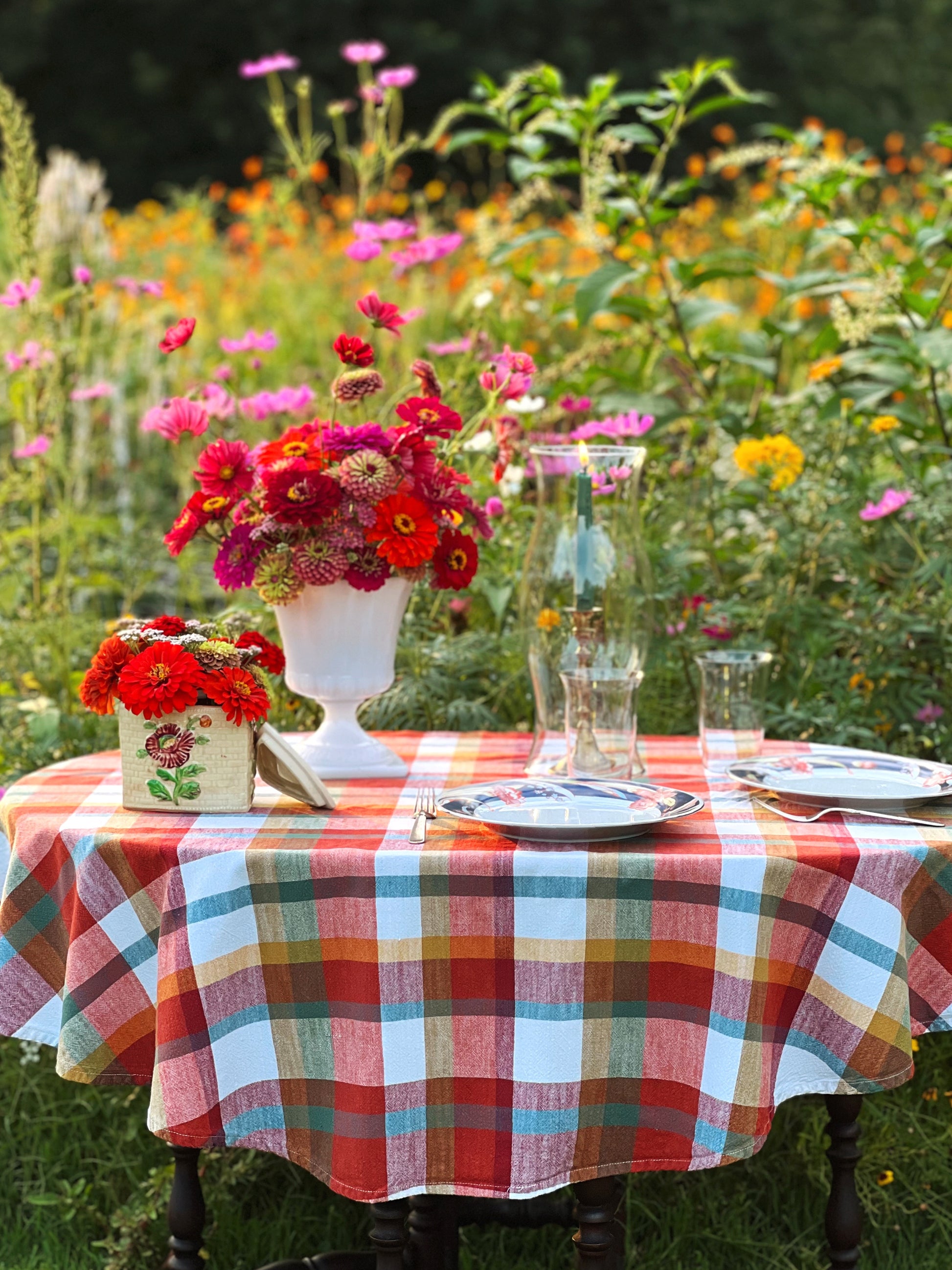 Round Plaid Vintage Tablecloth