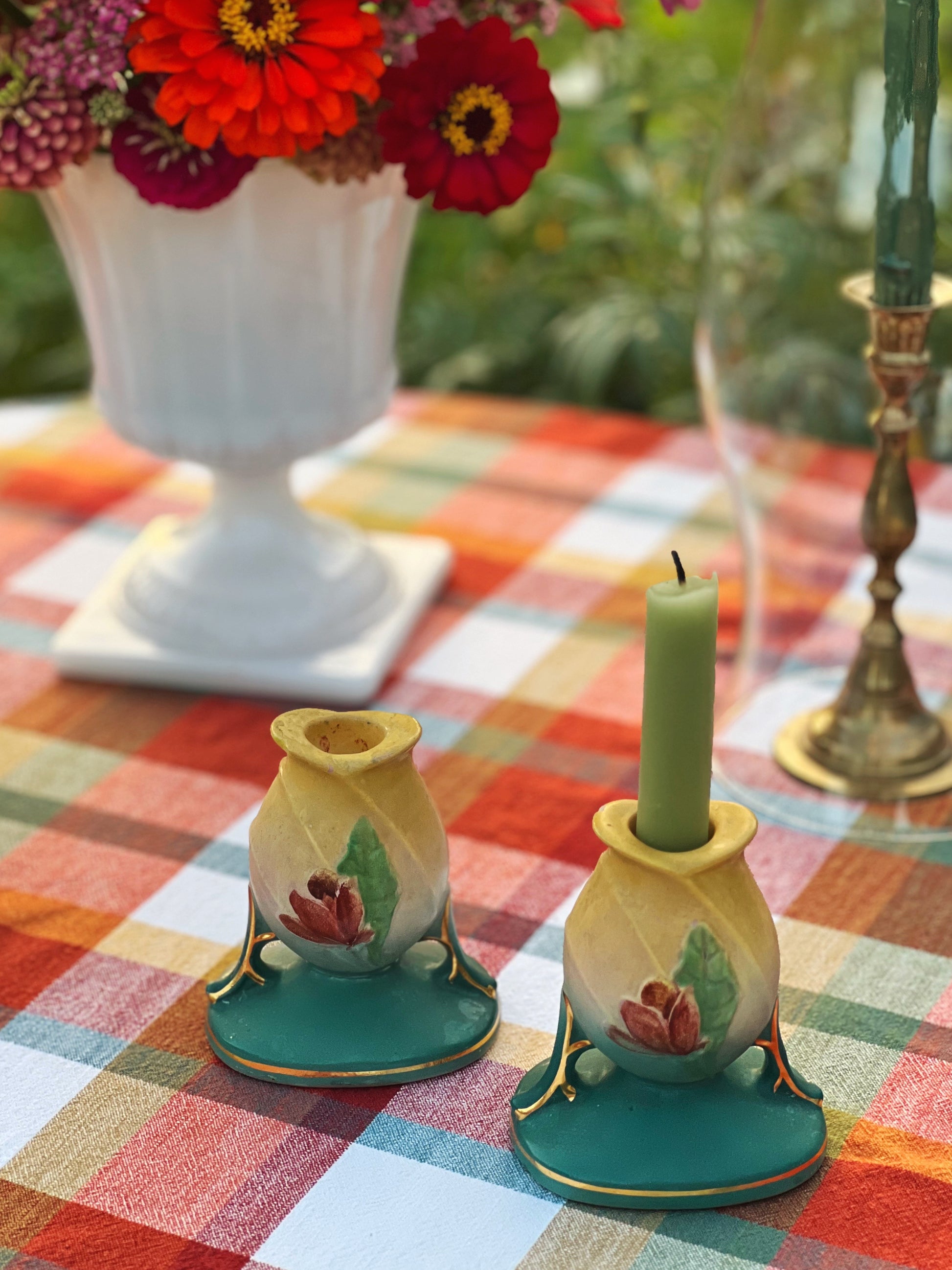 Hull Art Pottery Hand Painted Pair of Candleholders