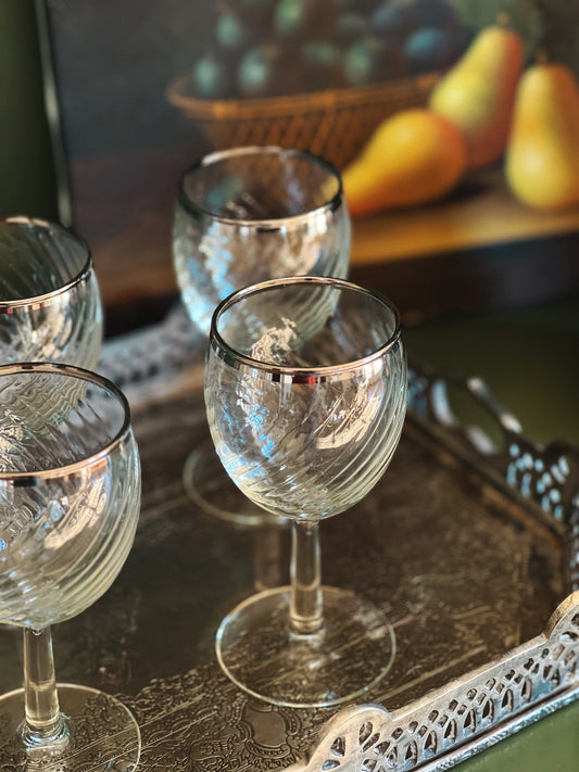 Vintage Set of 4 Silver Rim Wine Glasses