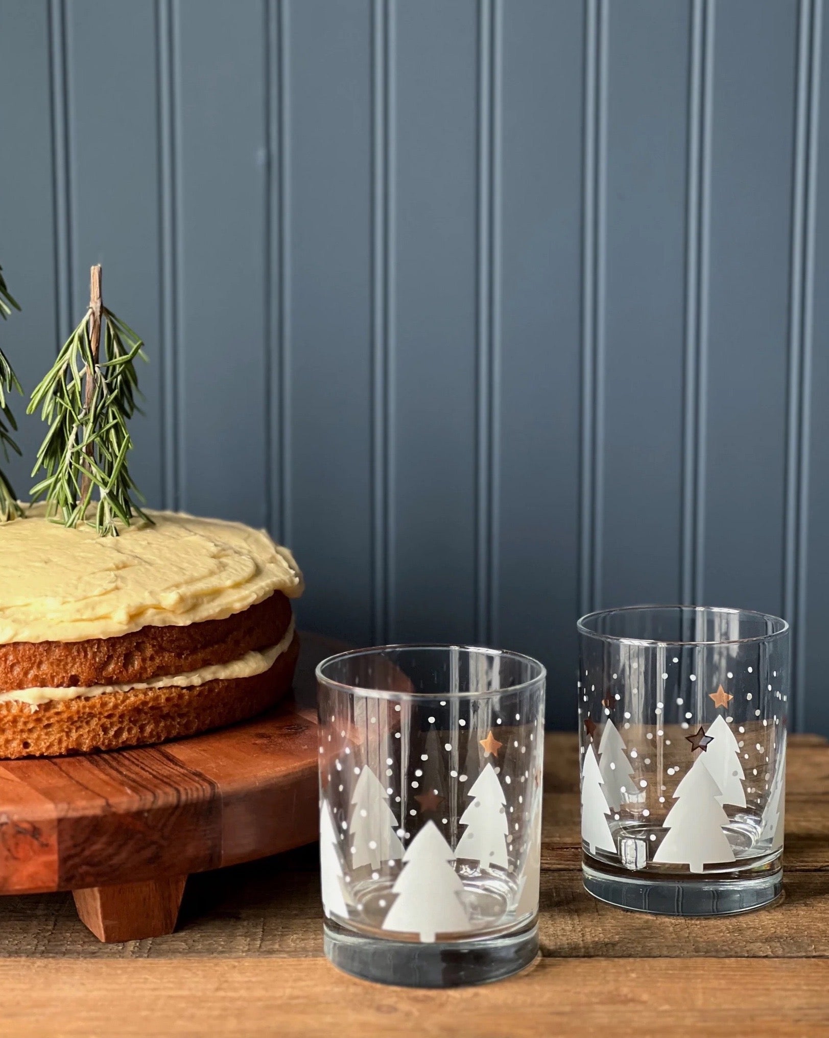 Pair of Vintage Frosted Christmas Tree Double Old Fashioned Glasses