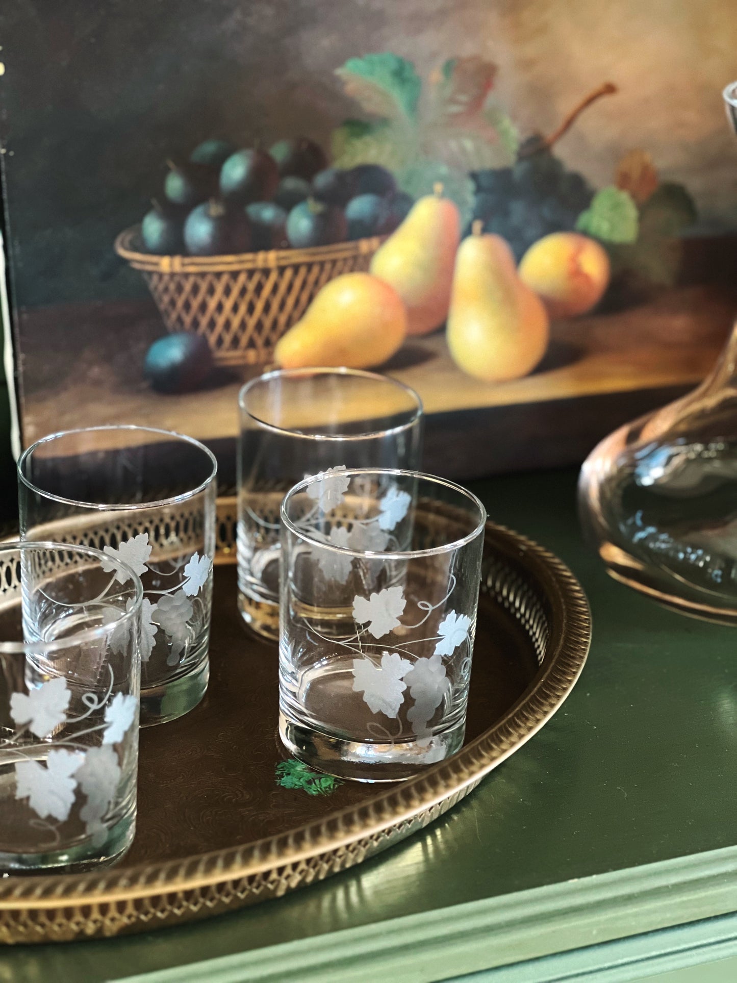 Set of 4 Vintage Frosted Grapevine Double Old Fashioned Glasses