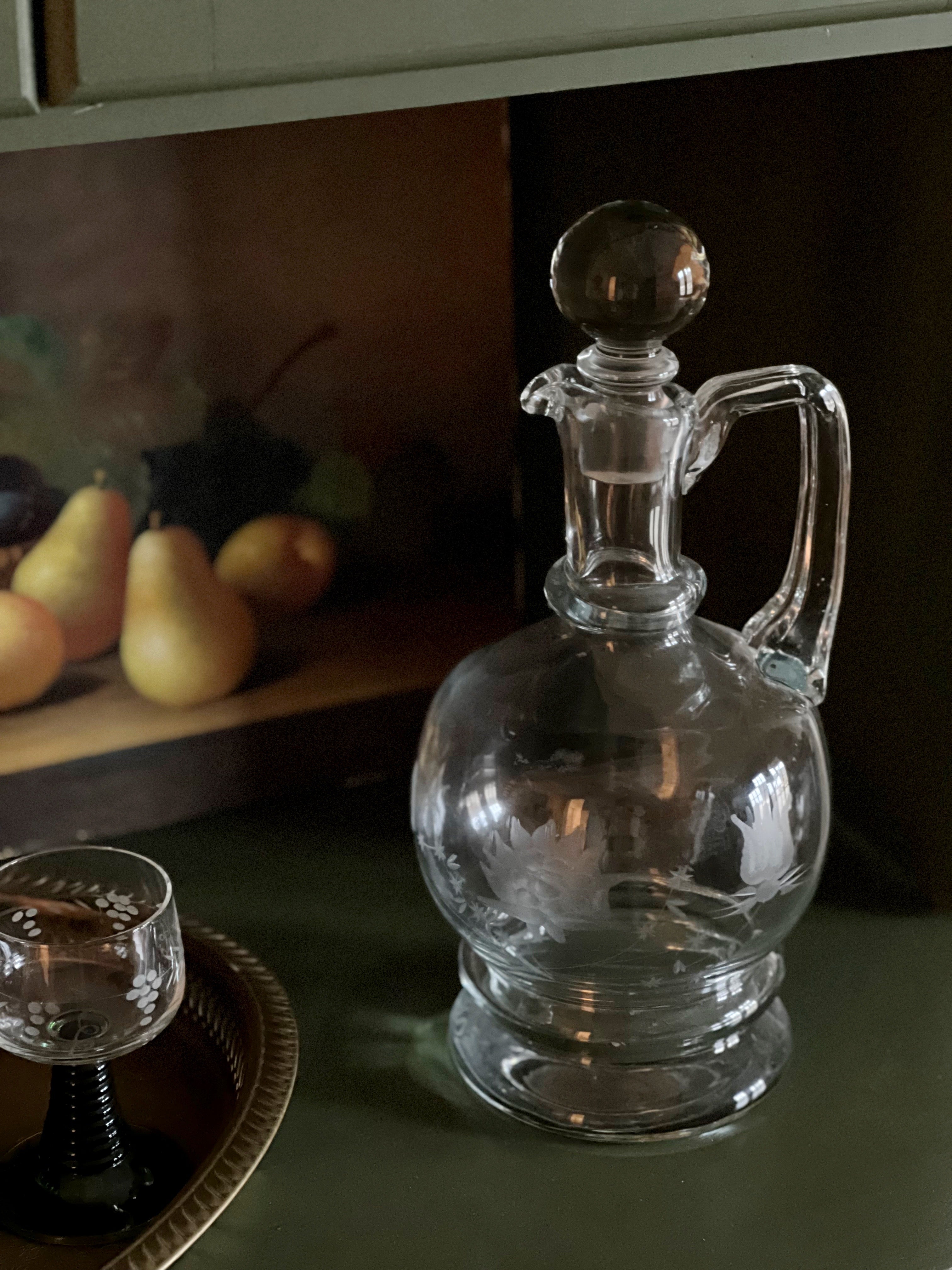 Vintage Etched Glass Cocktail Pitcher / Etched Glass Carafe with Stirr –  feastvintage