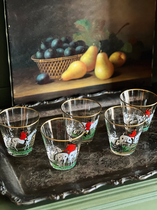 Set of 6 Vintage Fox Hunt Double Old Fashioned Glasses