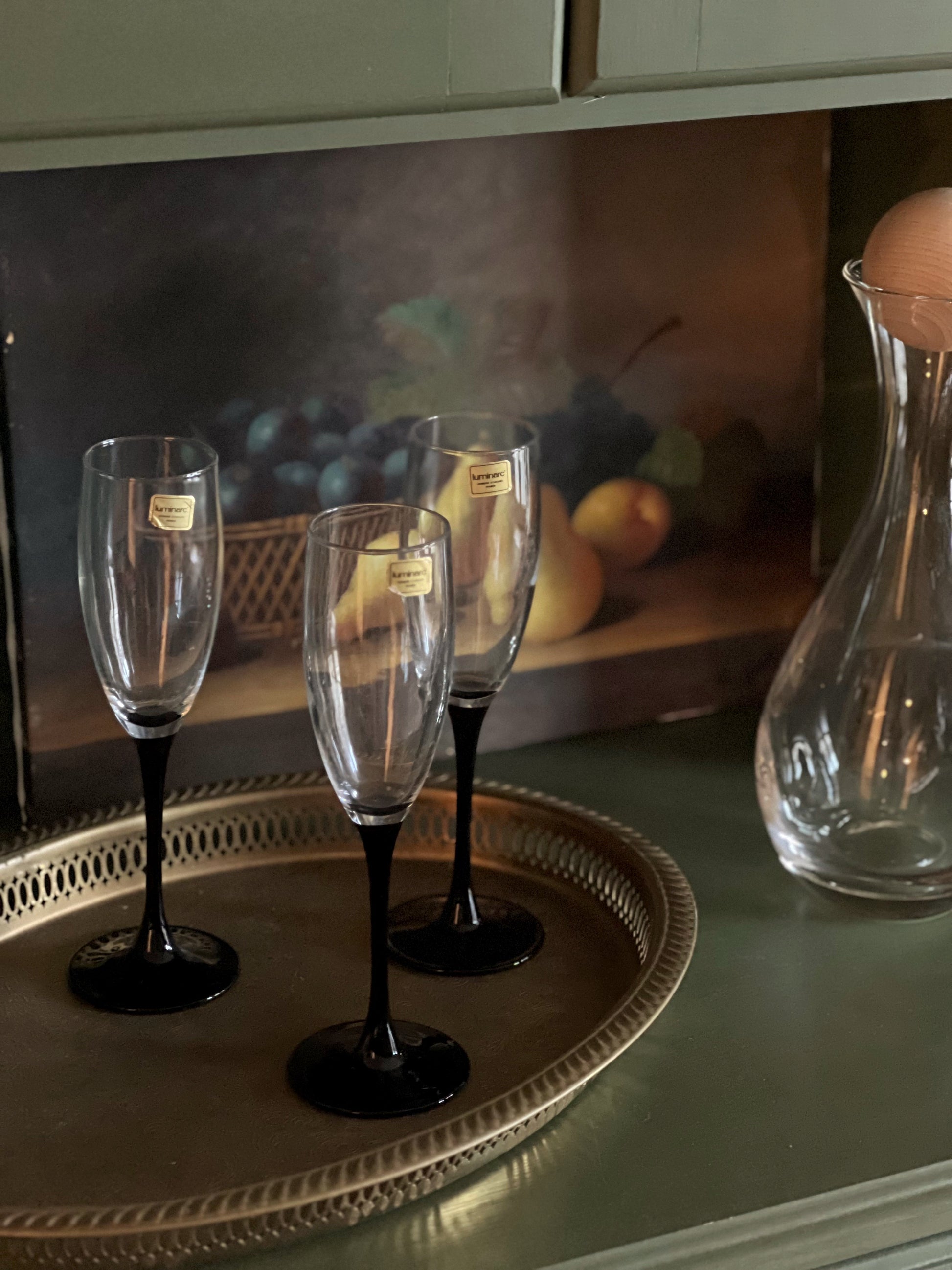 Set of 3 Vintage Luminarc France Black Stem Champagne Flutes
