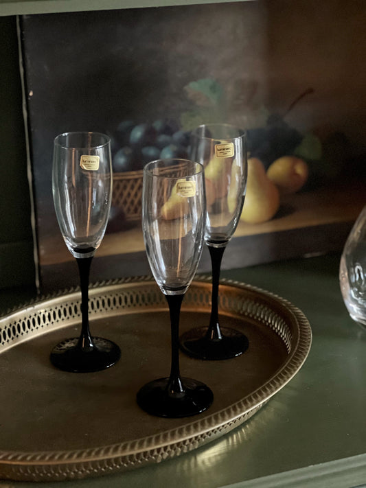 Set of 3 Vintage Luminarc France Black Stem Champagne Flutes