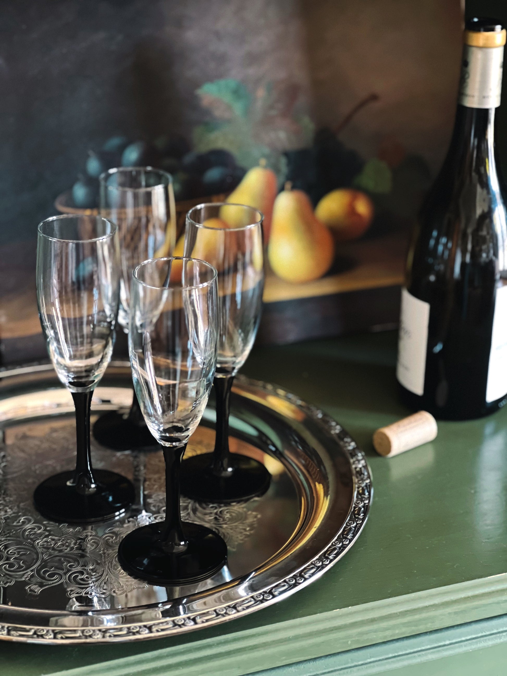 Set of 4 Vintage Black Stem Champagne Flutes
