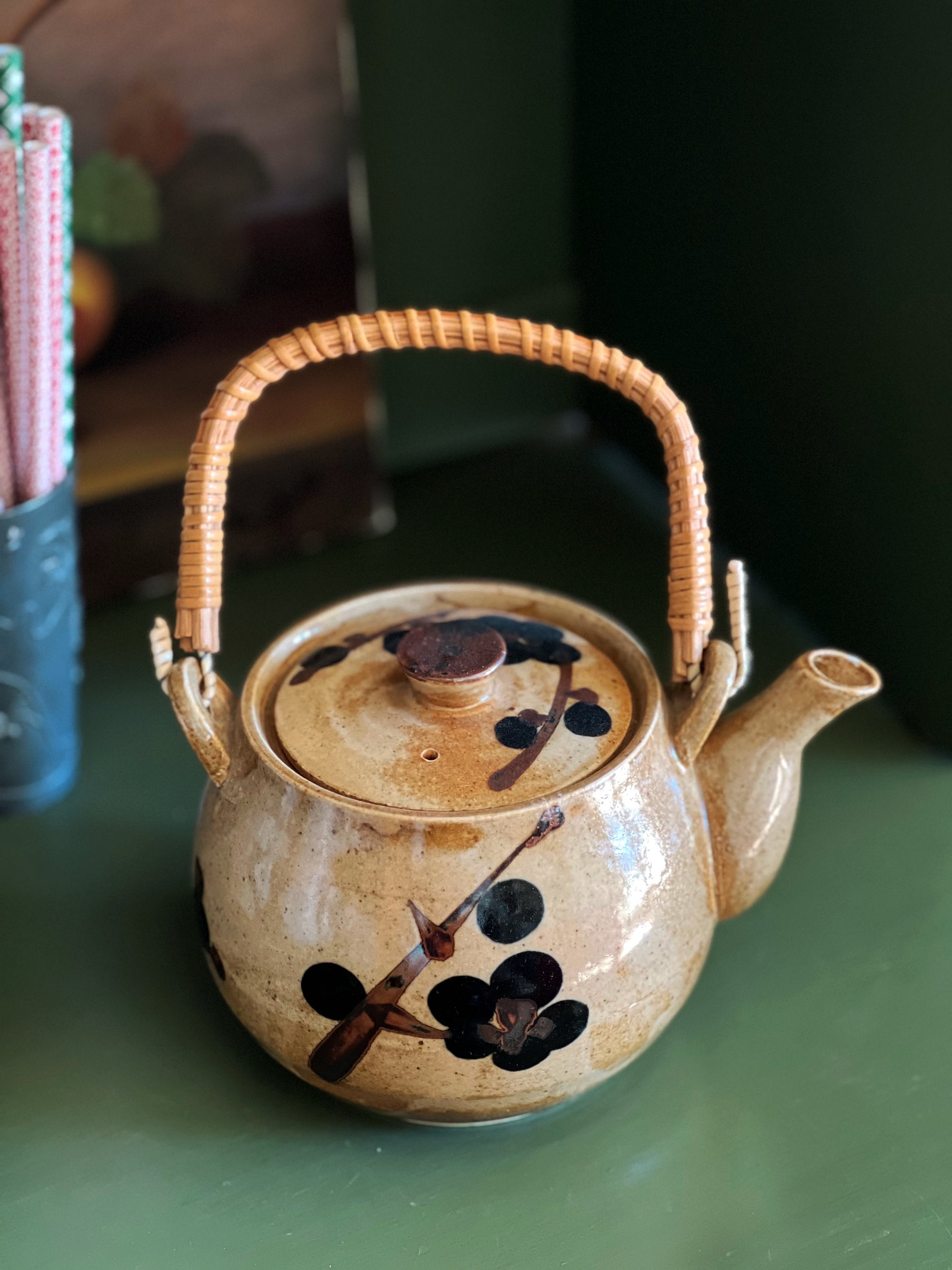 Vintage Stoneware Teapot with Rattan Handle