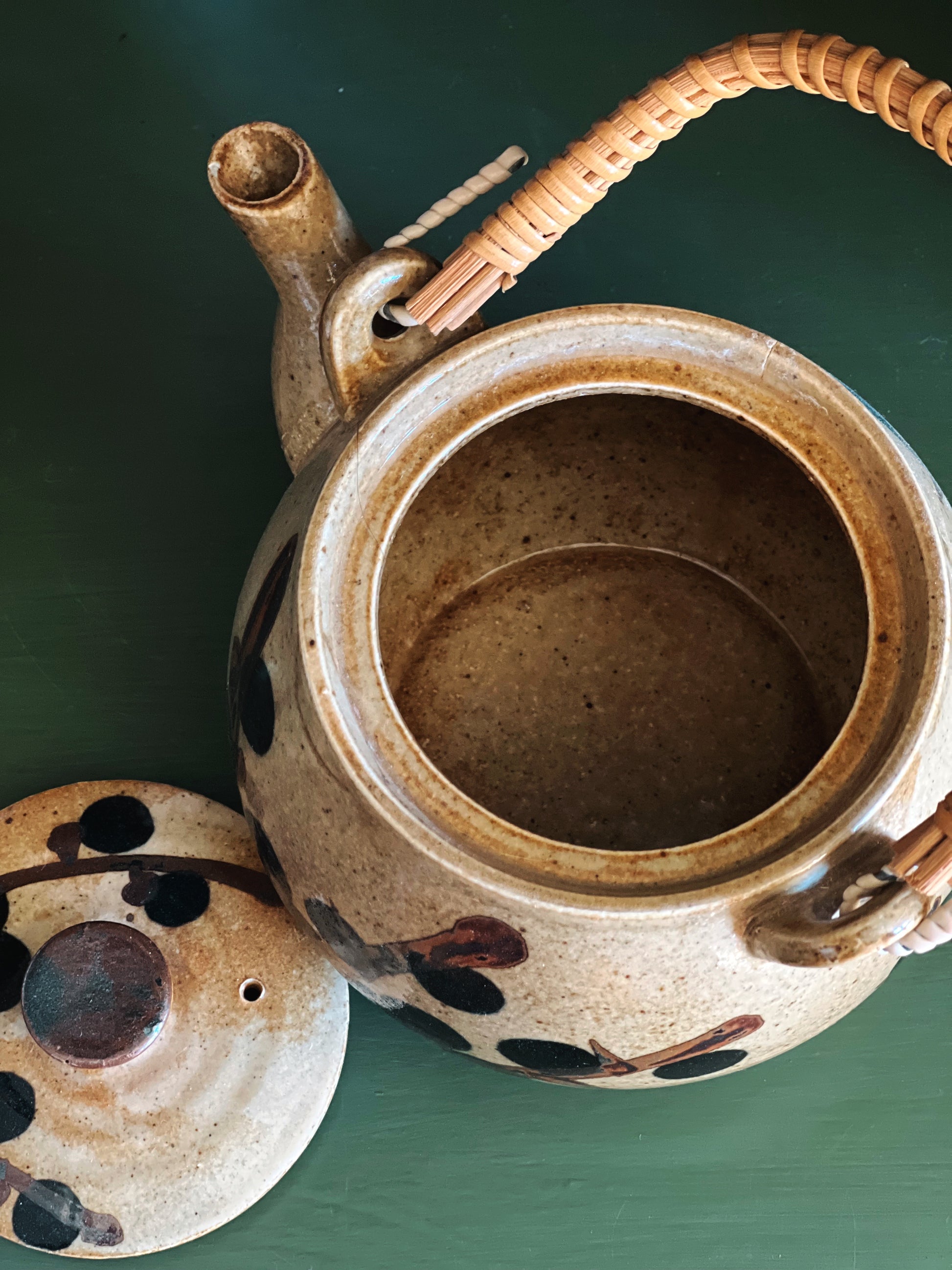 Vintage Stoneware Teapot with Rattan Handle
