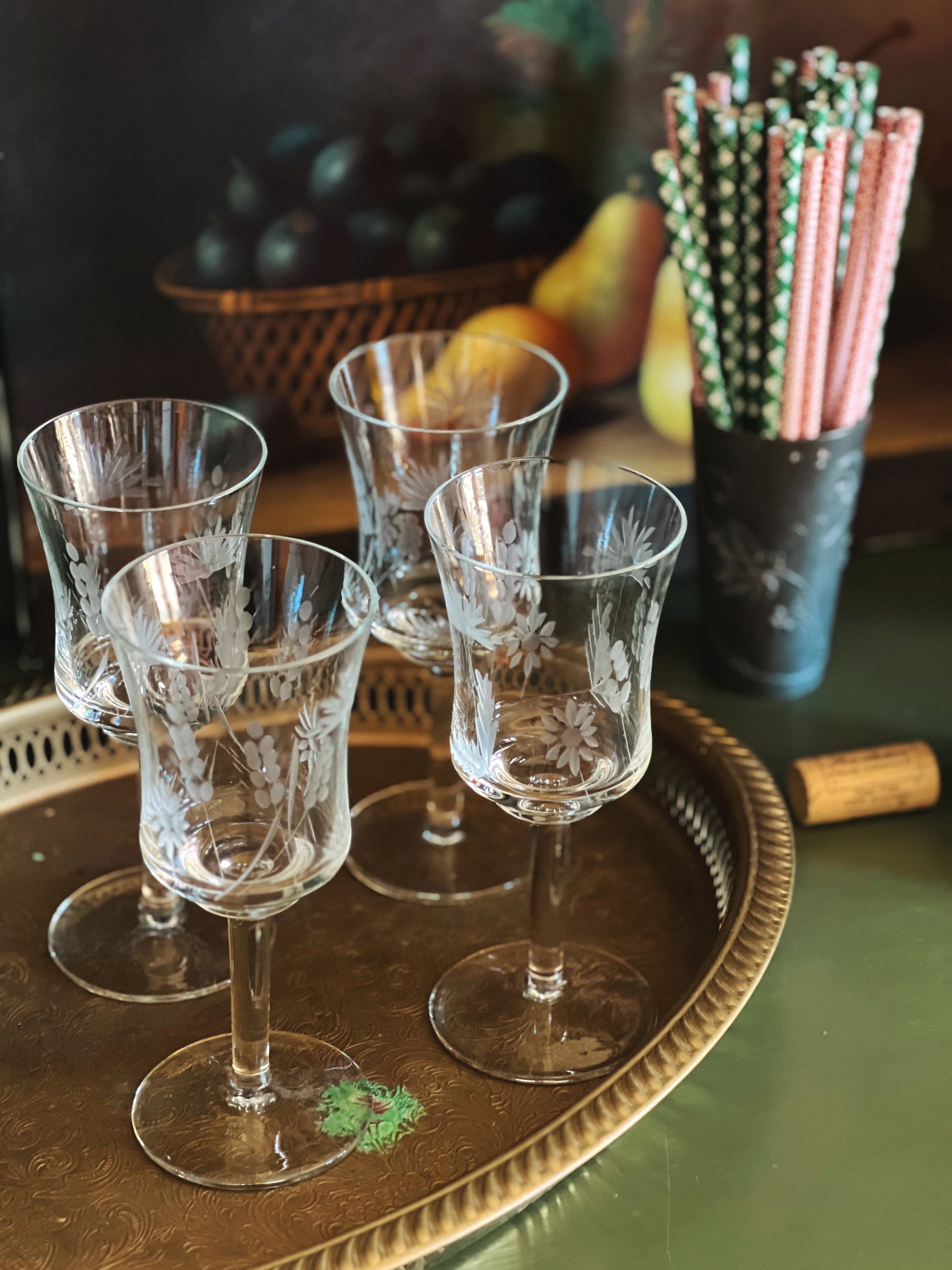 Set of 4 Vintage Etched Wine Glasses