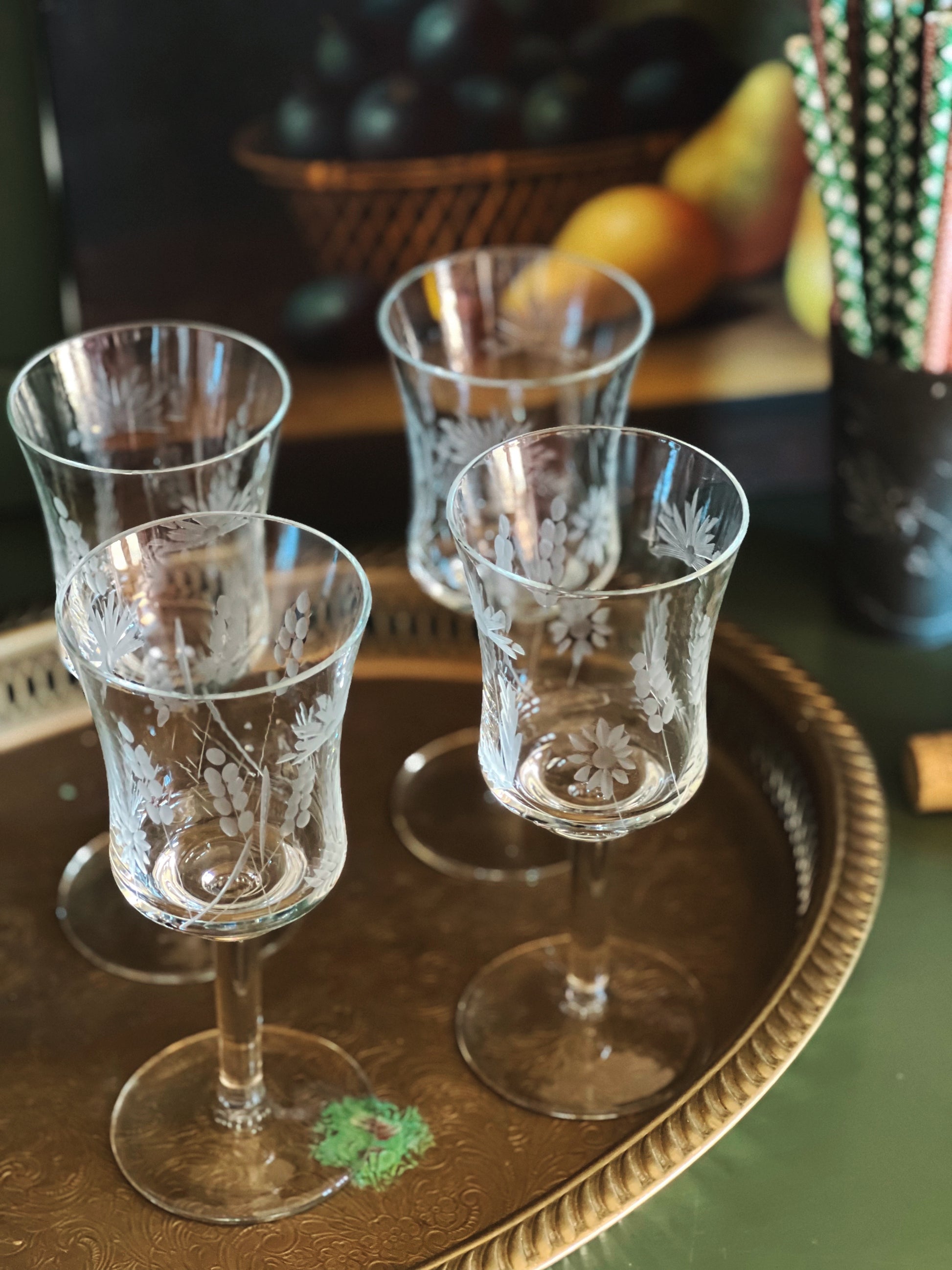 Set of 4 Vintage Etched Wine Glasses