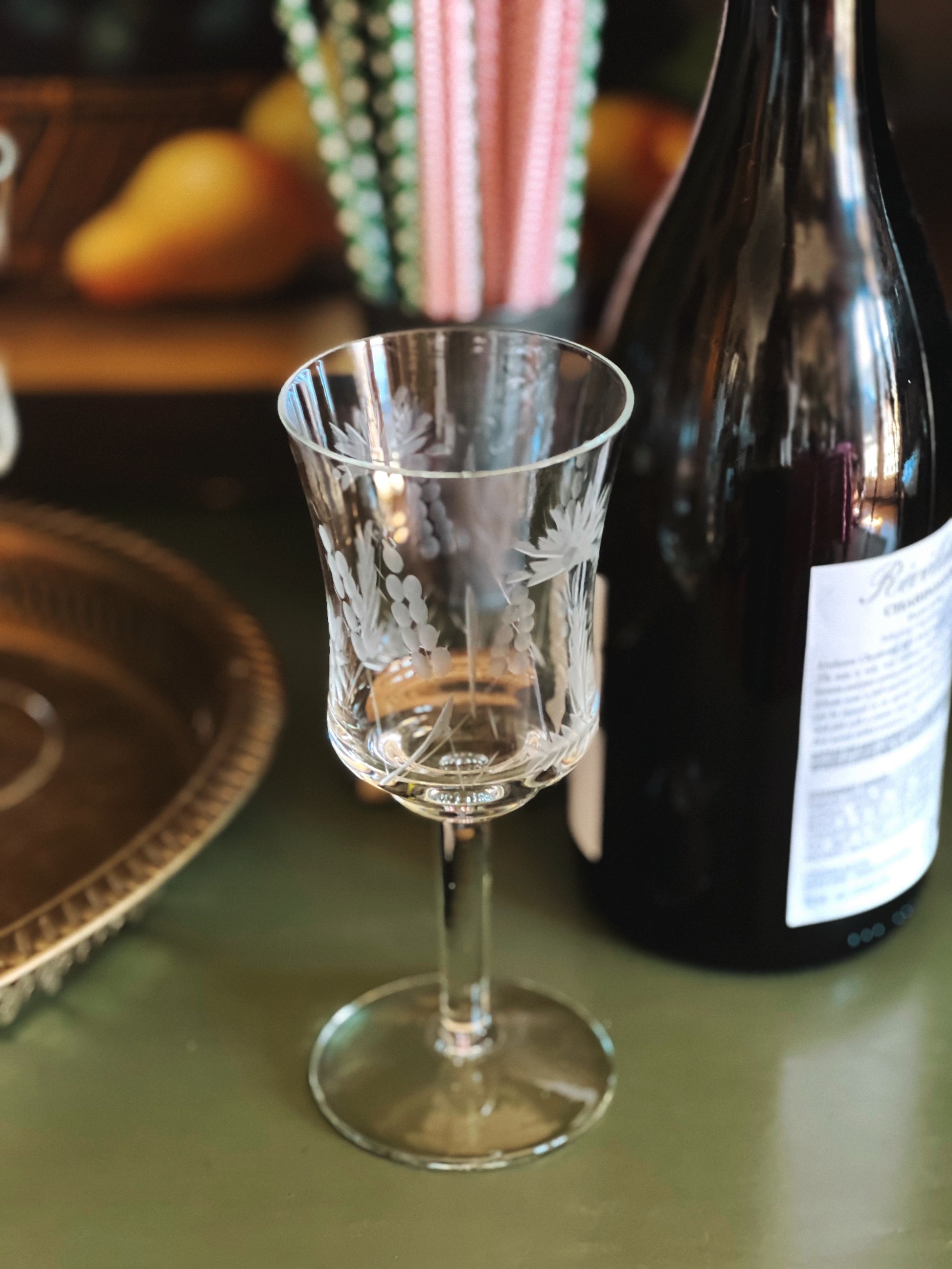 Set of 4 Vintage Etched Wine Glasses