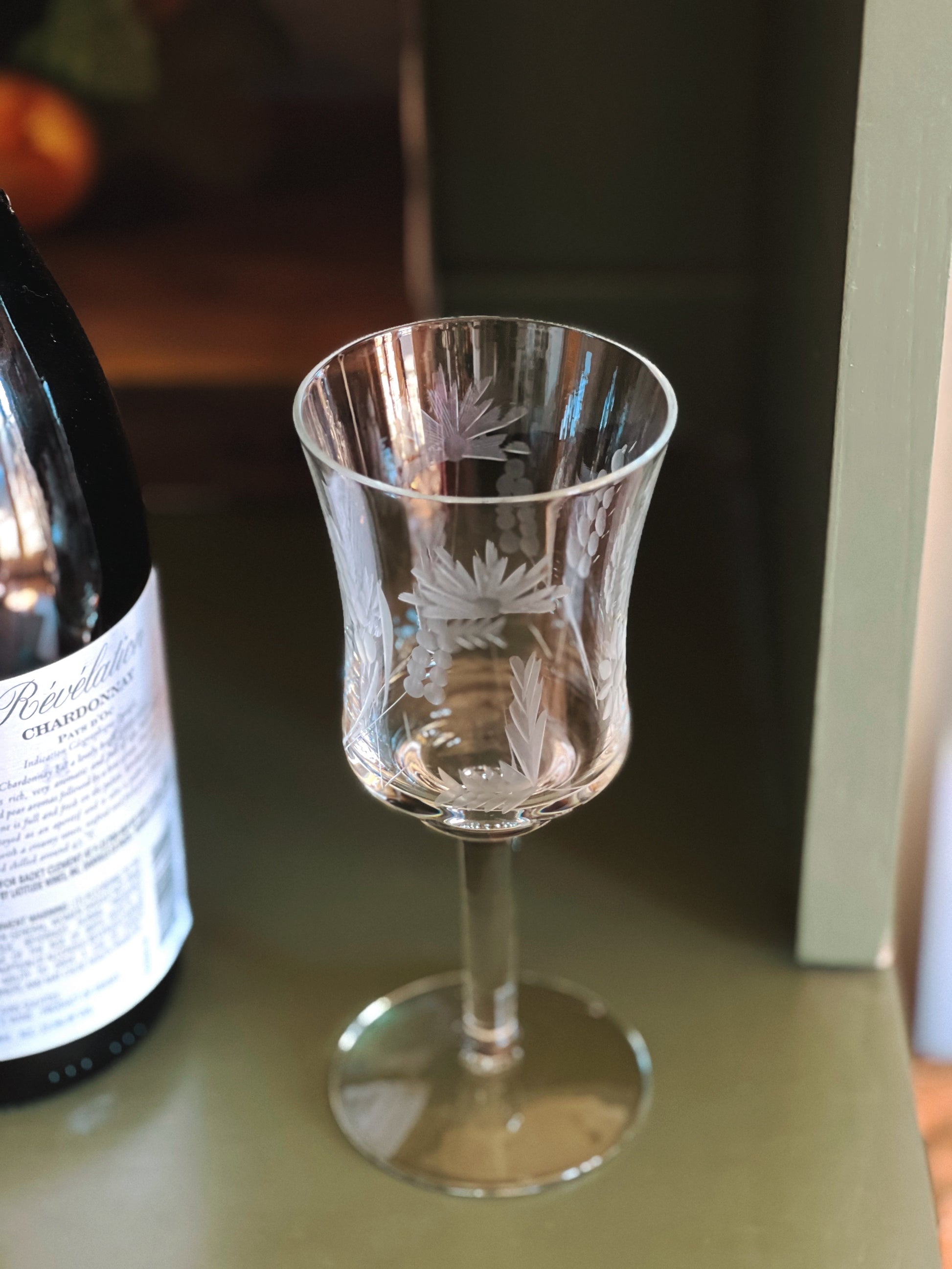 Set of 4 Vintage Etched Wine Glasses