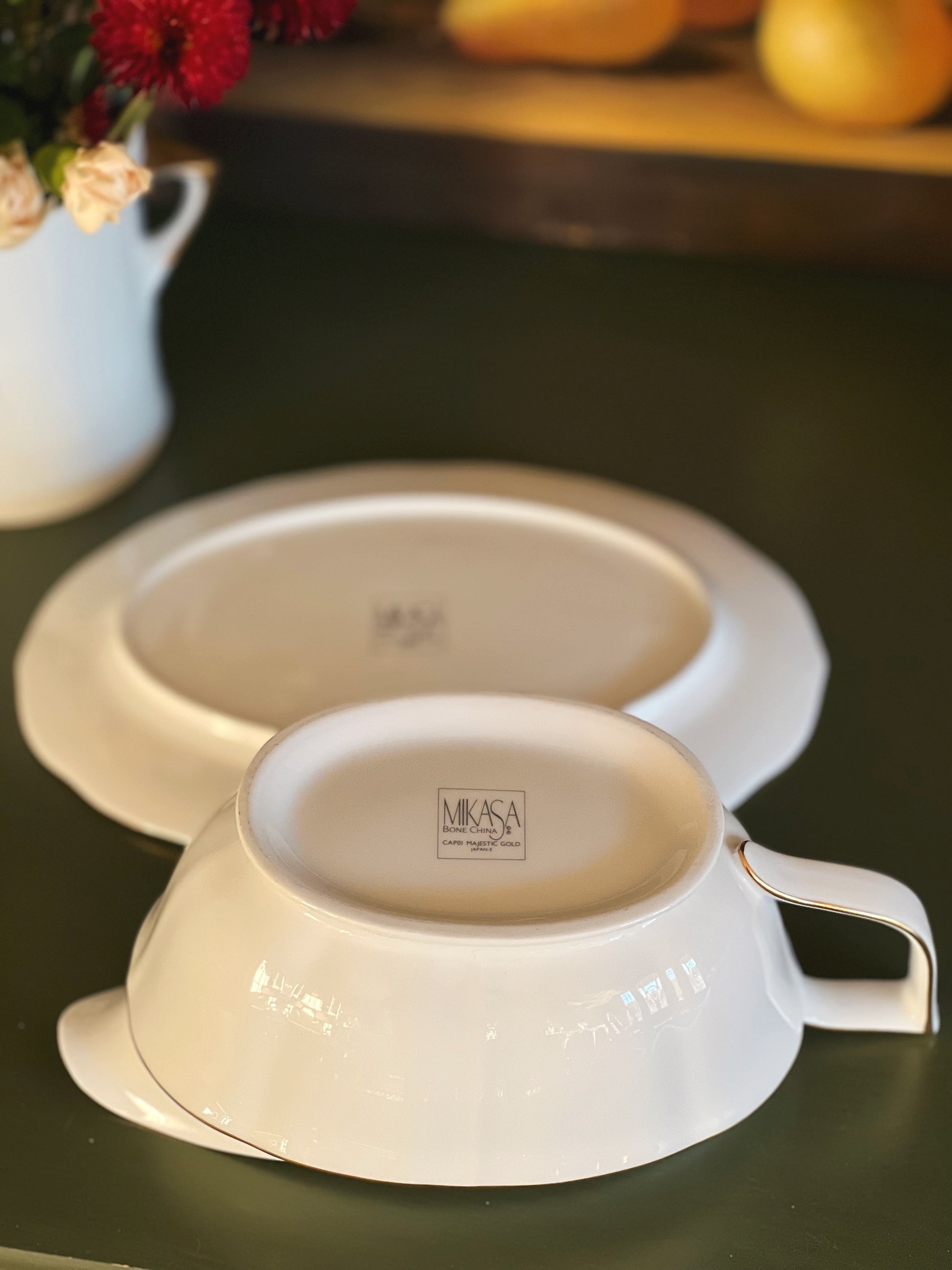 Vintage Mikasa Bone China Majestic Gold Gravy Boat with Under Plate