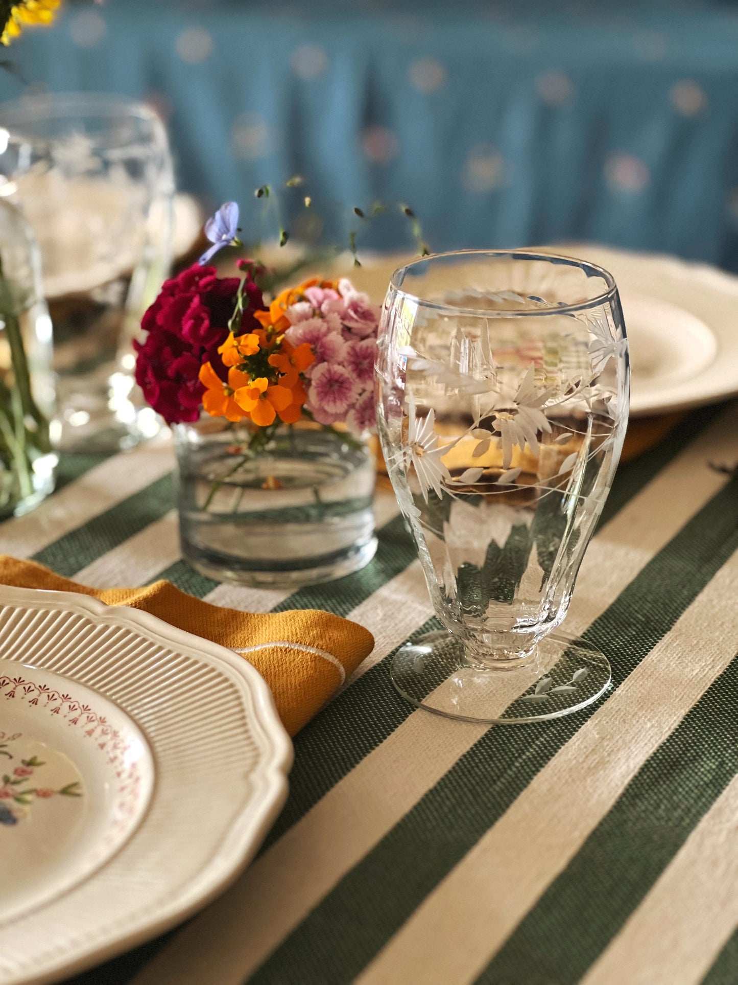 Vintage Water Glass with Etched Floral Design