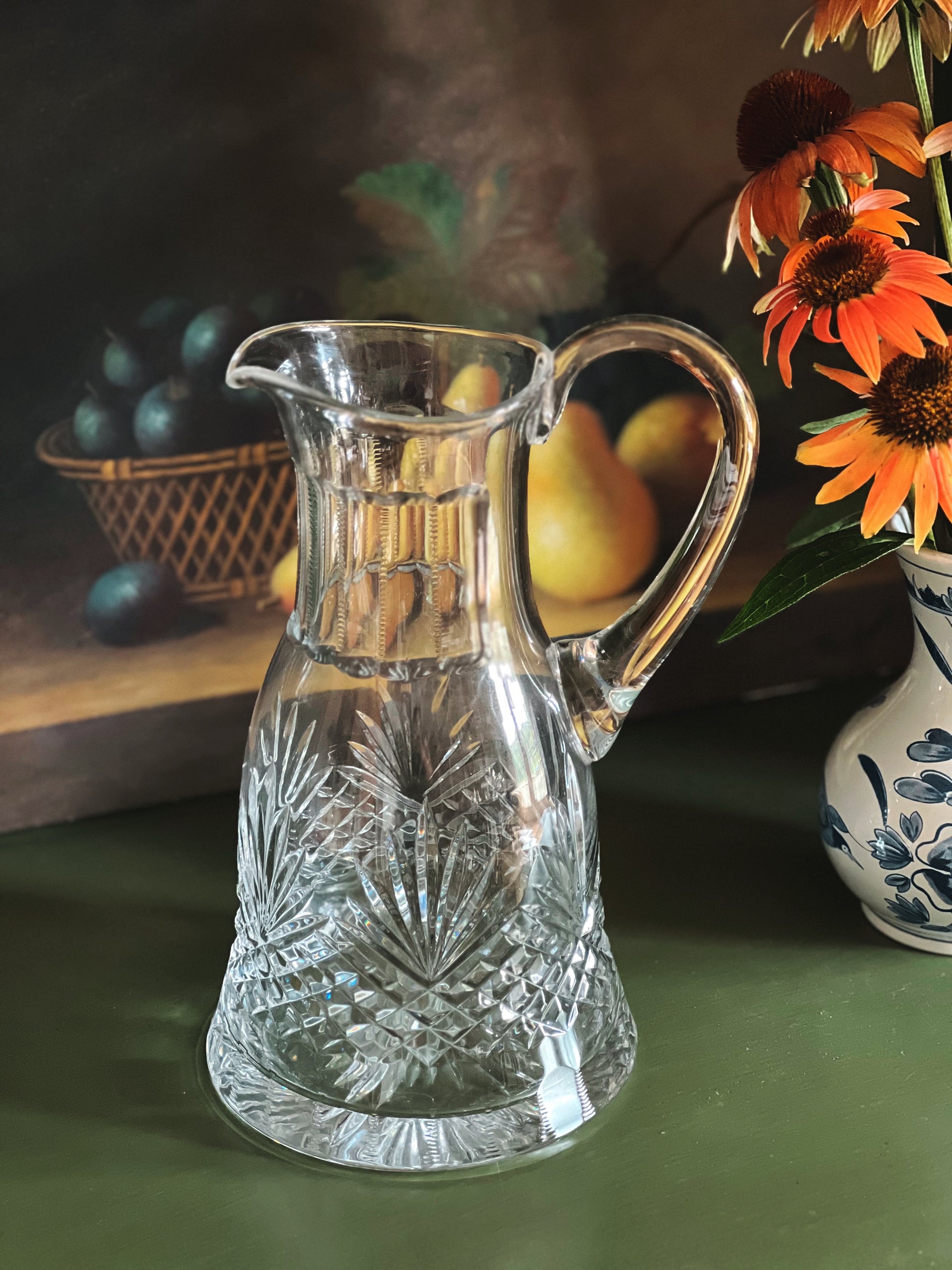 Vintage Etched Palm Frond Crystal Pitcher