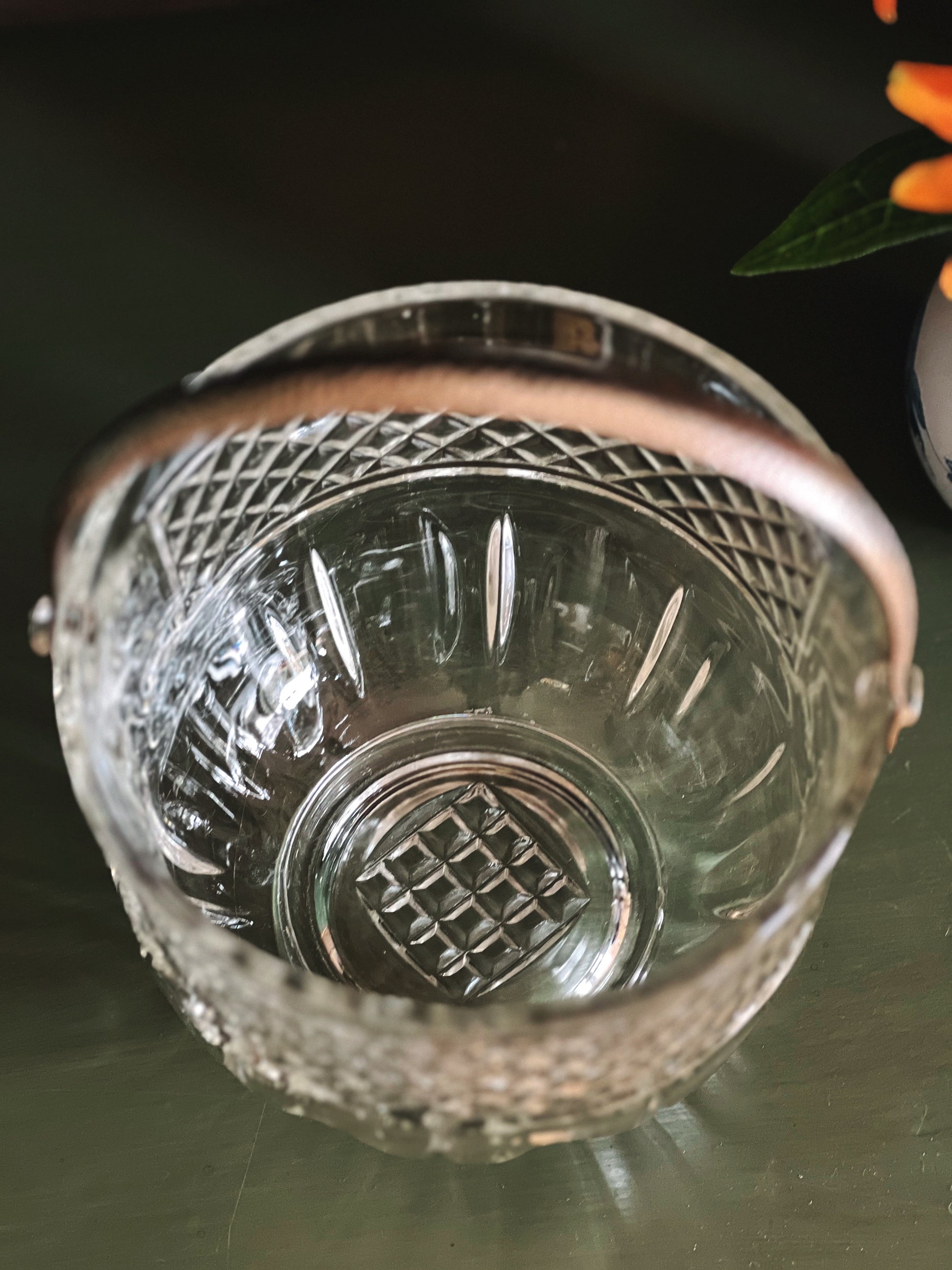 Vintage Glass Ice Bucket with Silver Handle