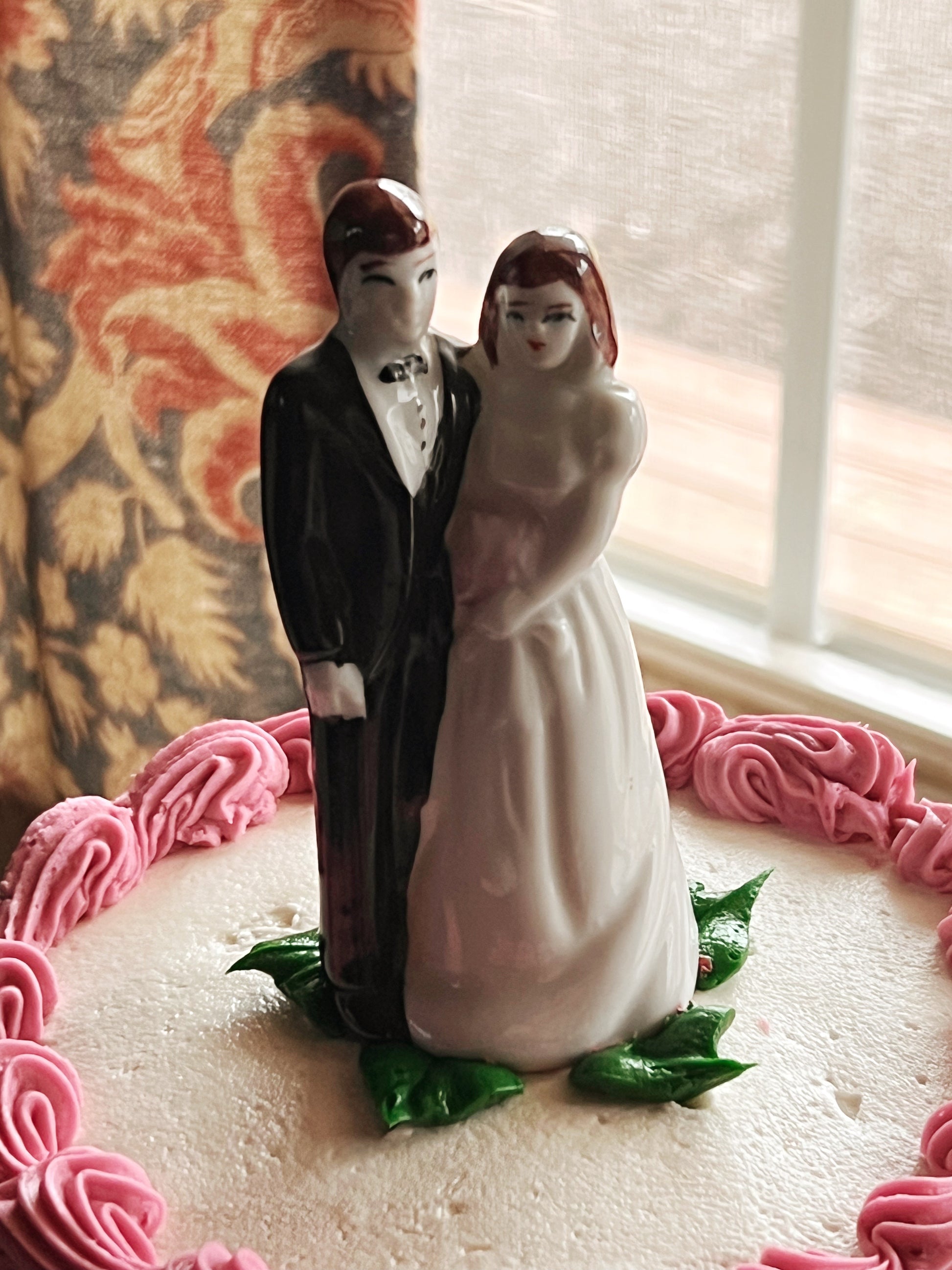 Small Vintage Hand Painted Bride and Groom Cake Topper