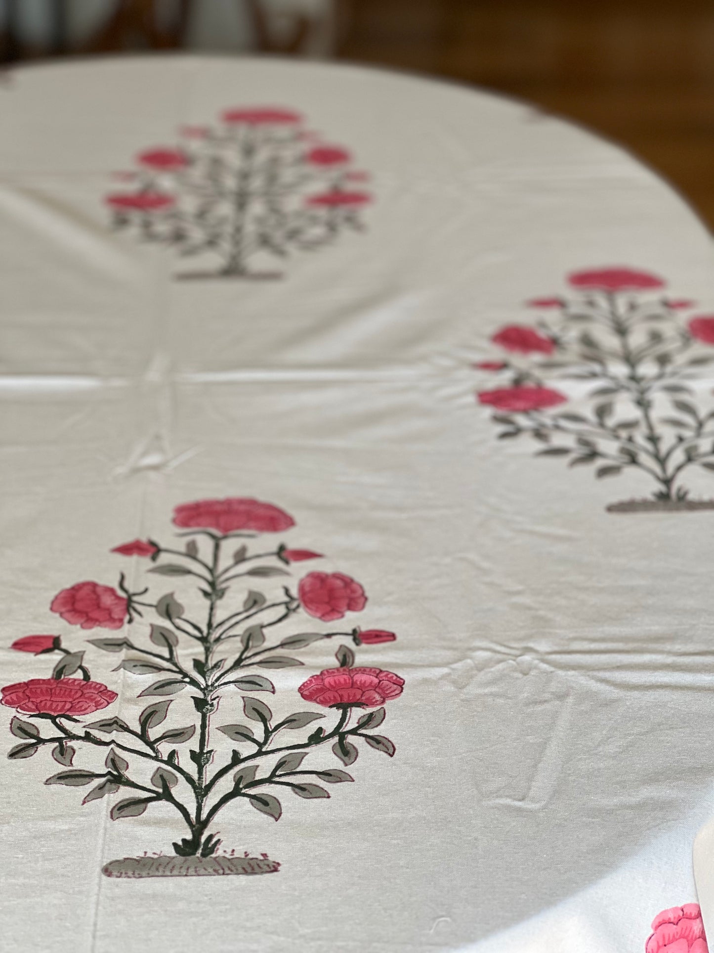 Block Print Tablecloth in White & Pink Hand Made in Spain