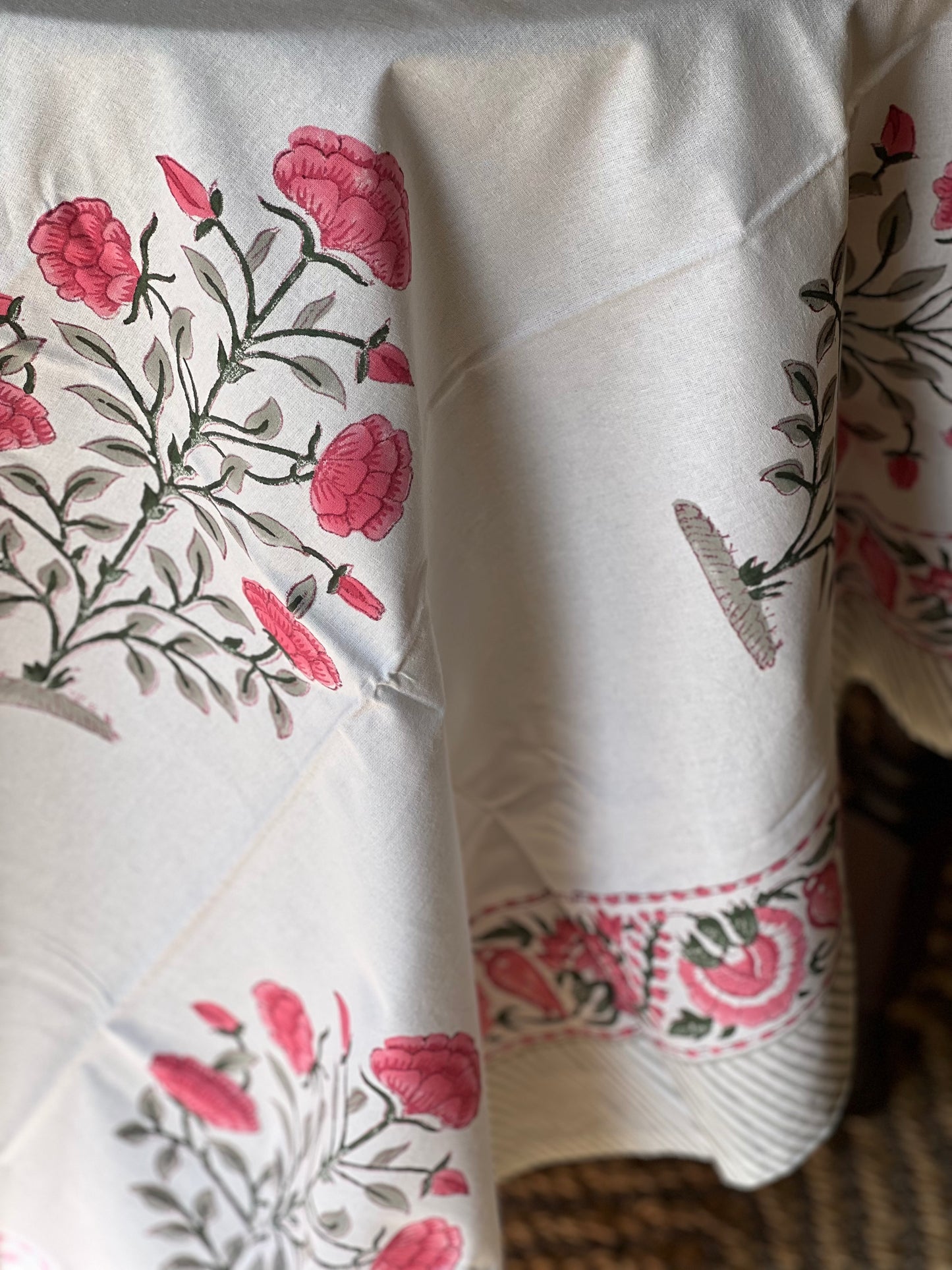 Block Print Tablecloth in White & Pink Hand Made in Spain