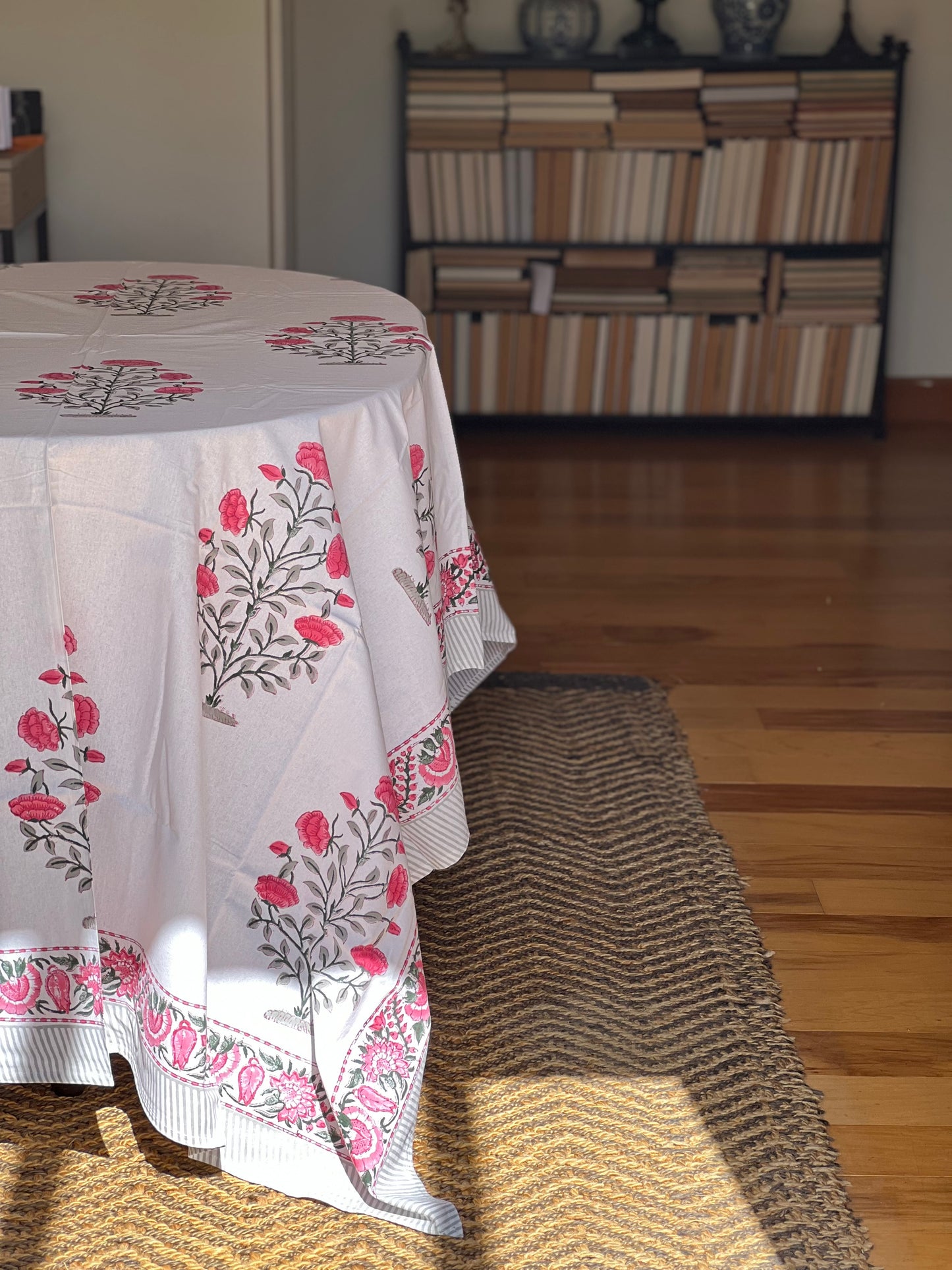 pink and white block print tablecloth