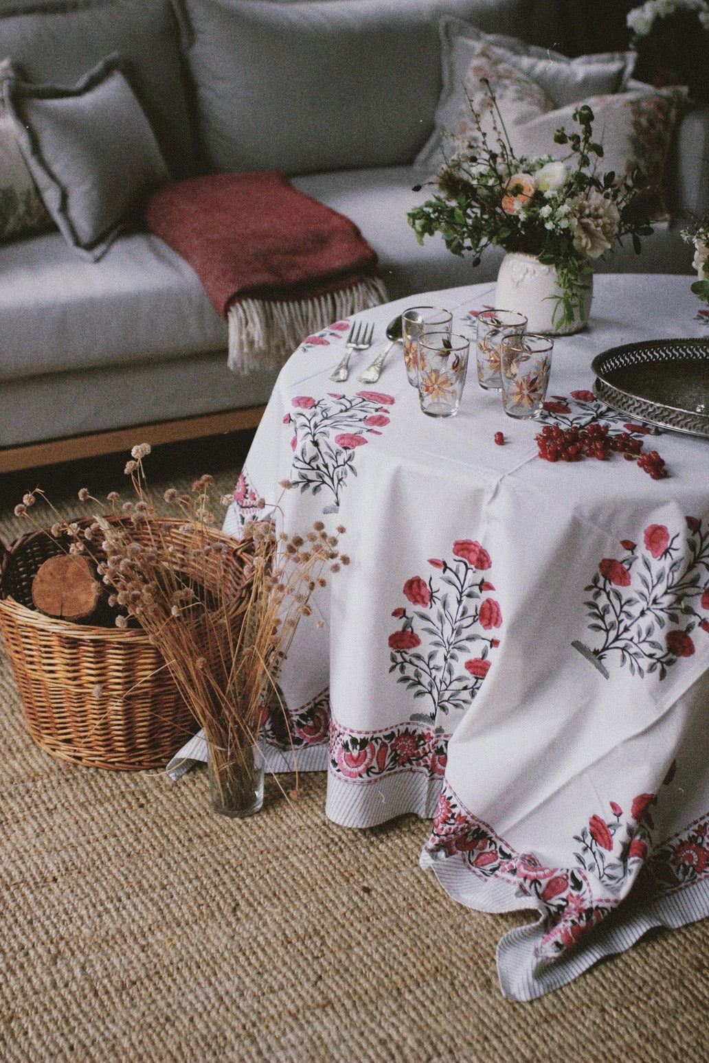 Block Print Tablecloth in White & Pink Hand Made in Spain