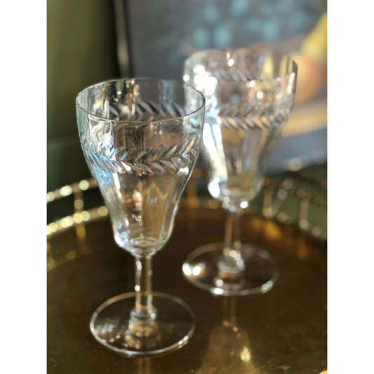 Pair of Vintage Laurel Etched Wine Glasses
