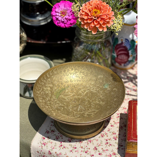 Vintage Engraved Brass Pedestal Bowl