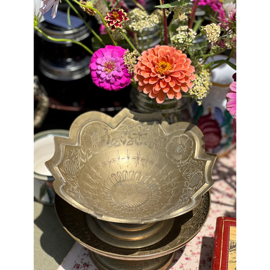 Vintage Etched Brass Footed Bowl