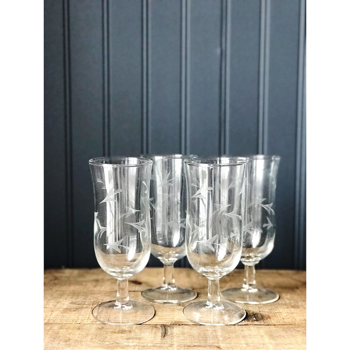 Set of 4 Vintage Etched Glass Champagne Flutes