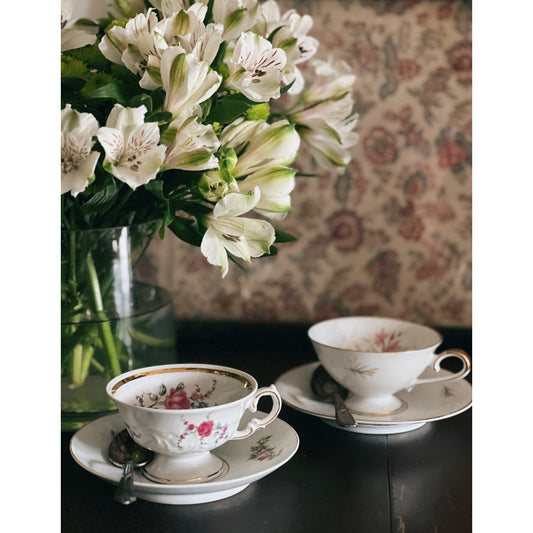 Pair of Vintage Mix Match Footed Floral Teacups & Saucer Sets