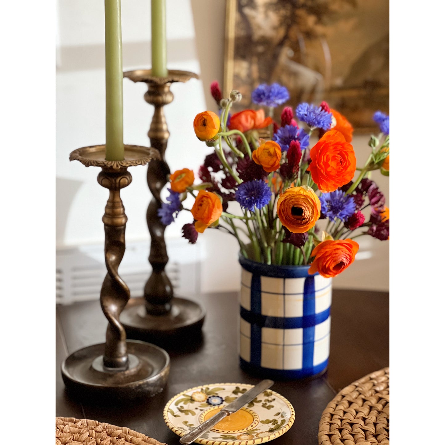 Pair of Vintage Brass & Bronze Barley Twist Candleholders