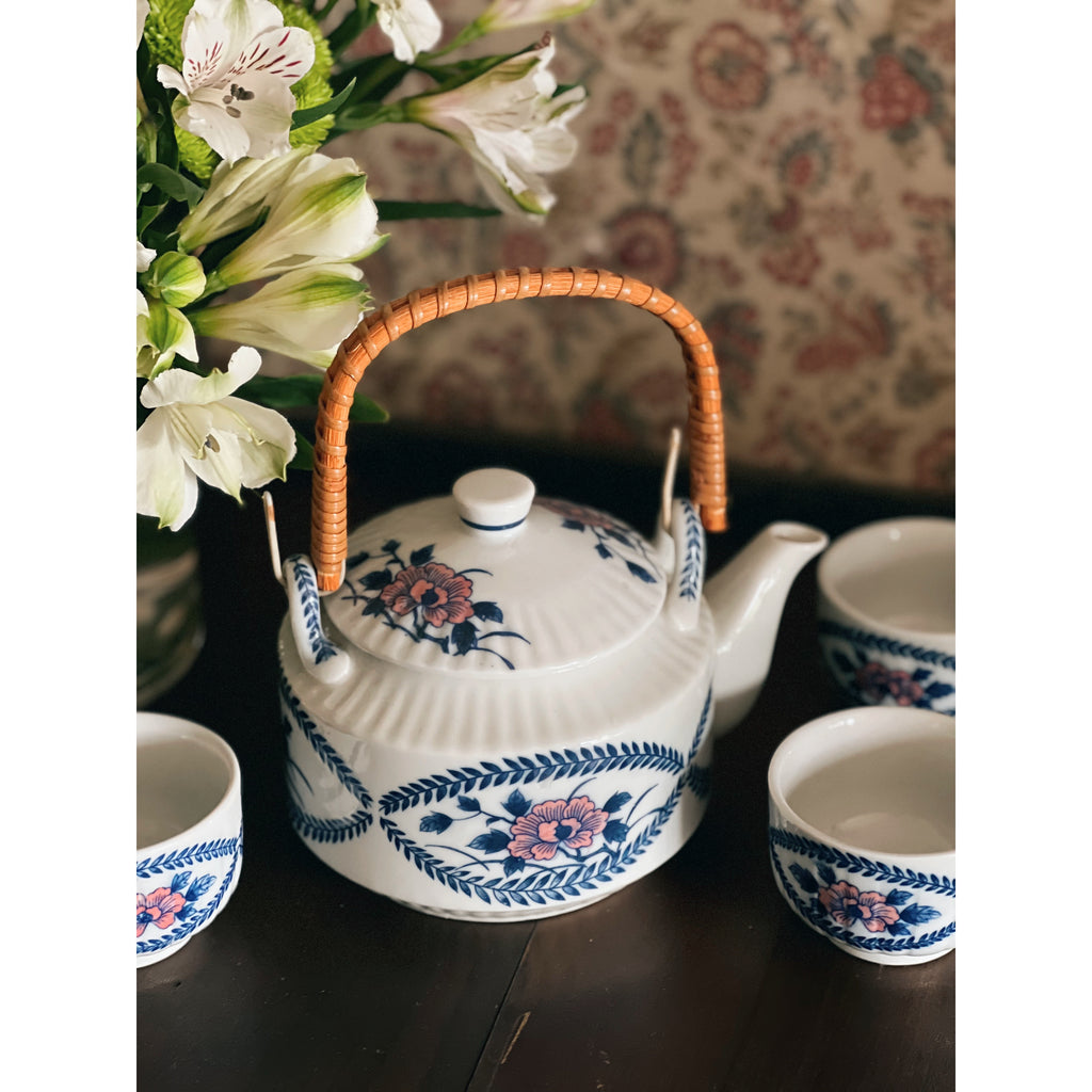 Vintage Porcelain Teapot with Rattan Handle and Set of 3 Matching Cups